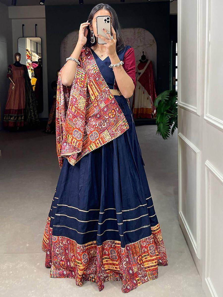 Majestic Navy Blue Digital Printed Cotton Navratri Wear Lehenga Choli - Zeel Clothing