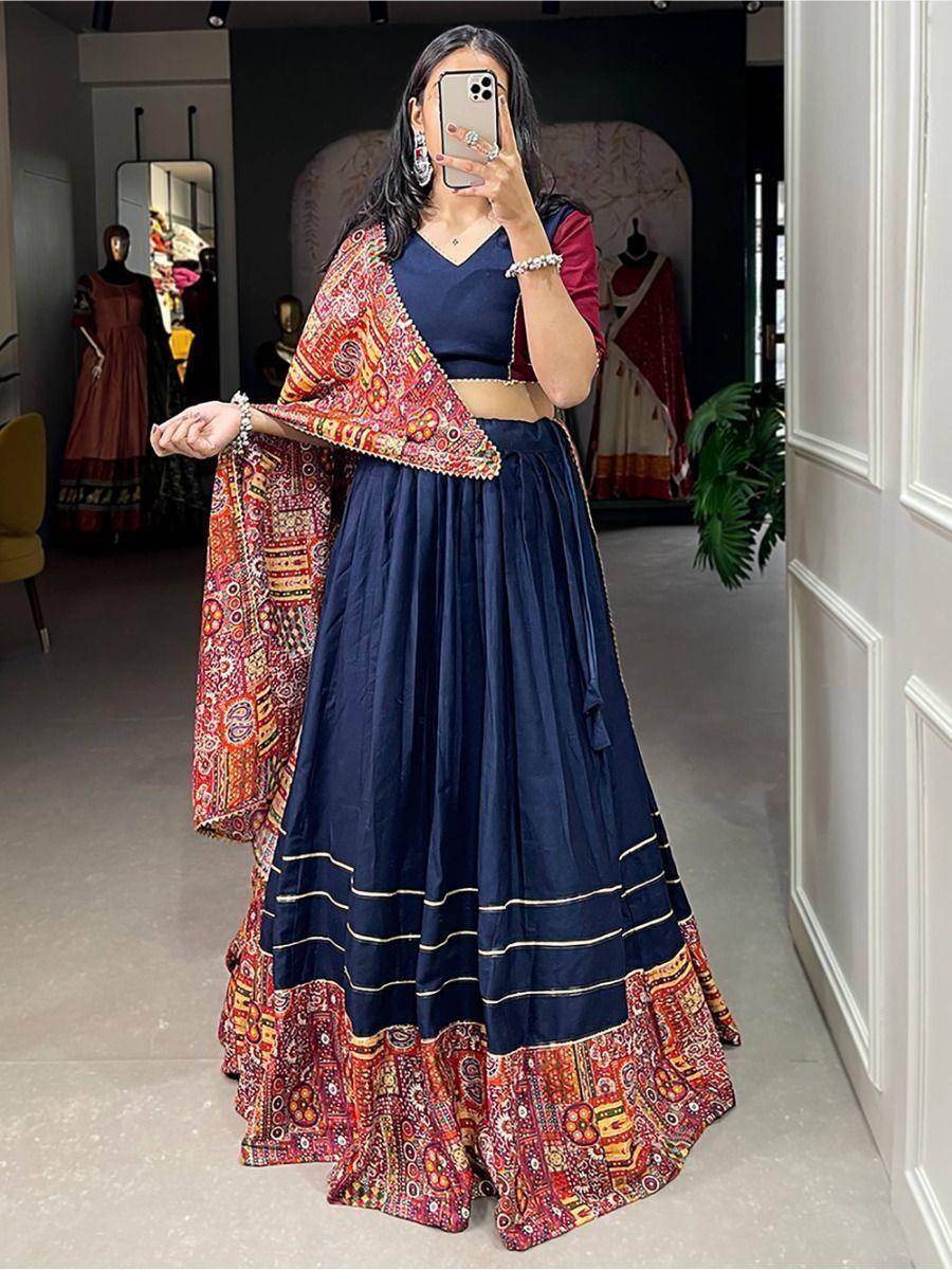 Majestic Navy Blue Digital Printed Cotton Navratri Wear Lehenga Choli - Zeel Clothing