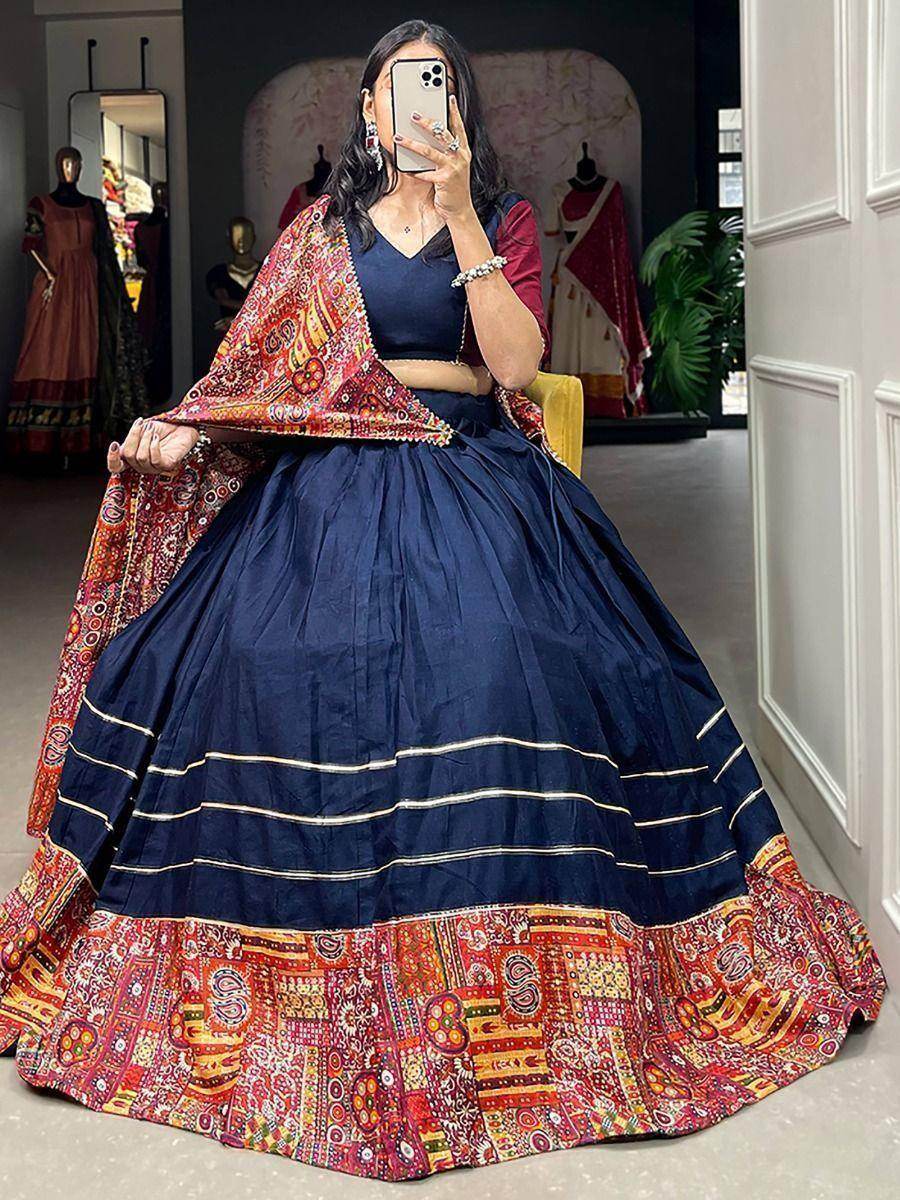 Majestic Navy Blue Digital Printed Cotton Navratri Wear Lehenga Choli - Zeel Clothing