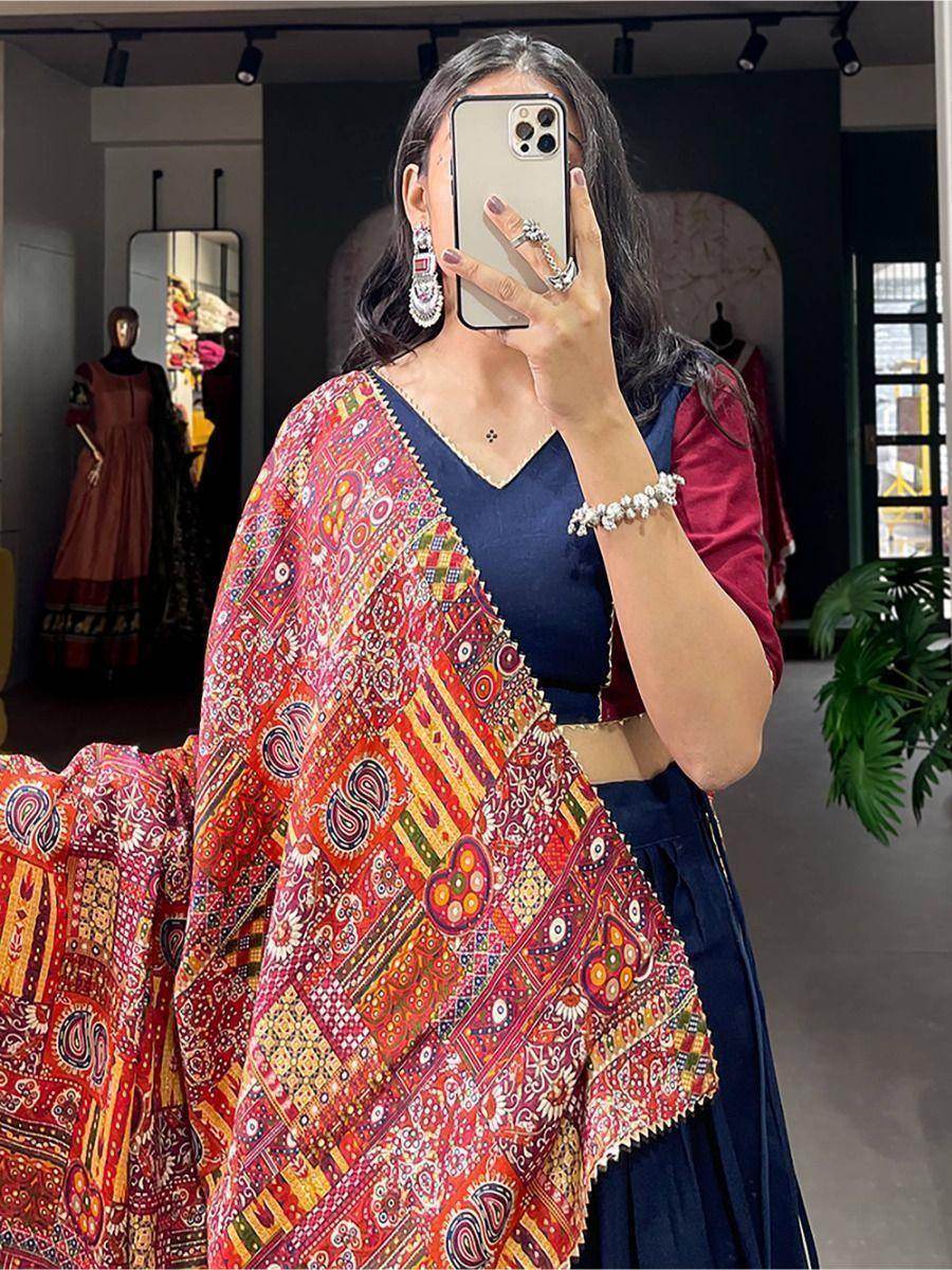 Majestic Navy Blue Digital Printed Cotton Navratri Wear Lehenga Choli - Zeel Clothing