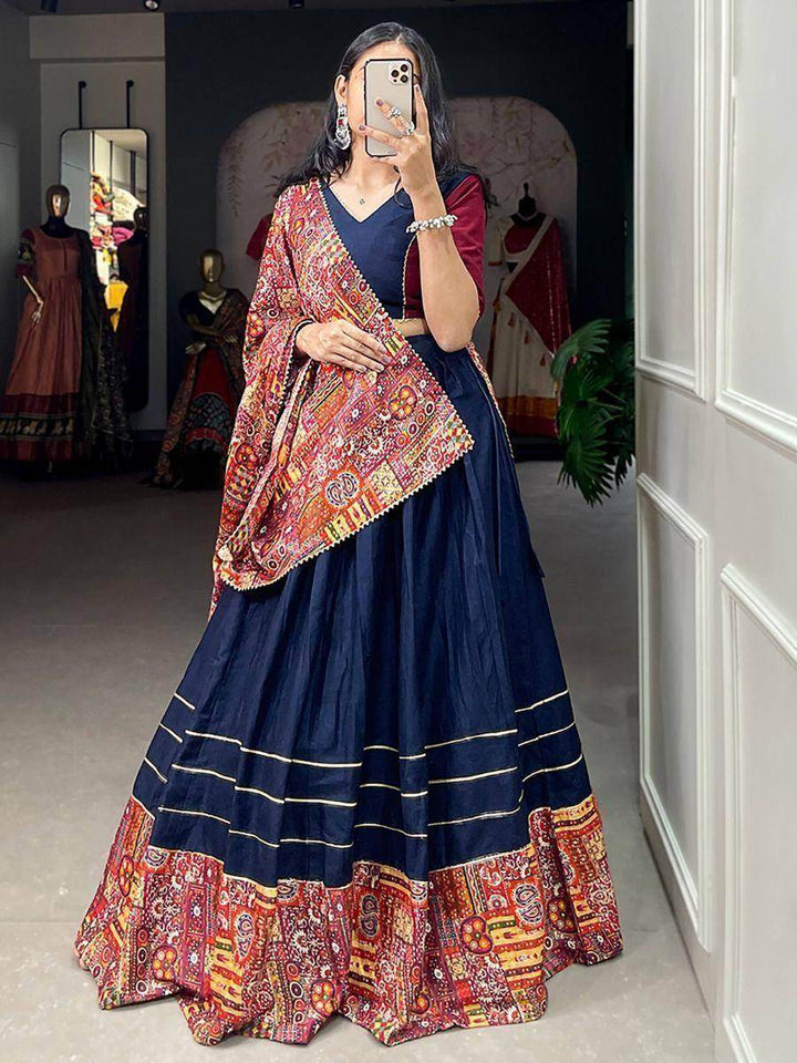 Majestic Navy Blue Digital Printed Cotton Navratri Wear Lehenga Choli - Zeel Clothing