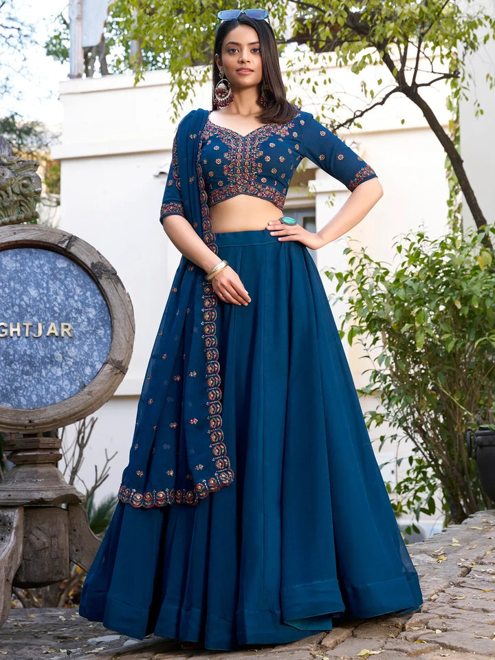 Majestic Navy Blue Georgette Sangeet Wear Lehenga Choli With Dupatta - Zeel Clothing