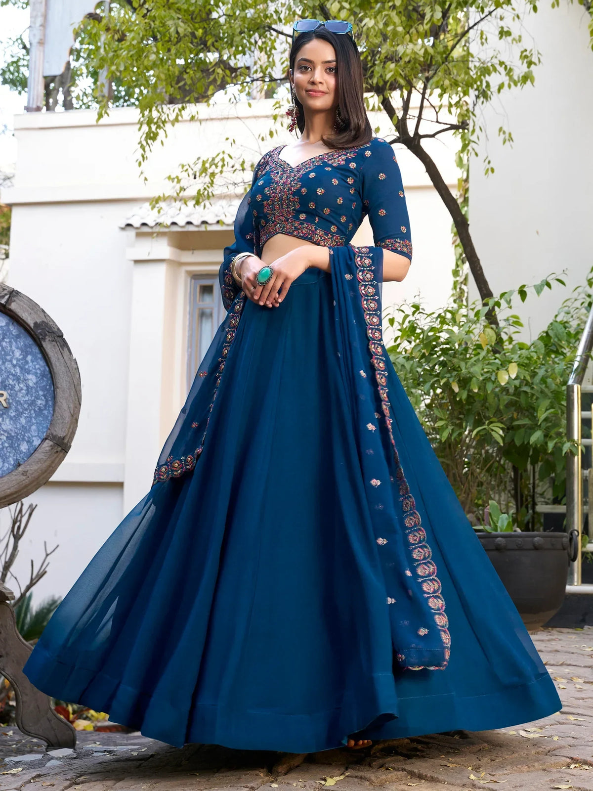Majestic Navy Blue Georgette Sangeet Wear Lehenga Choli With Dupatta - Zeel Clothing