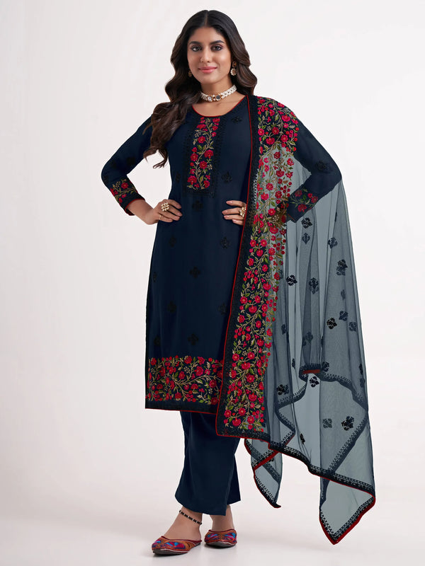 Majestic Navy Blue Thread Embroidered Georgette Salwar Suit - Zeel Clothing