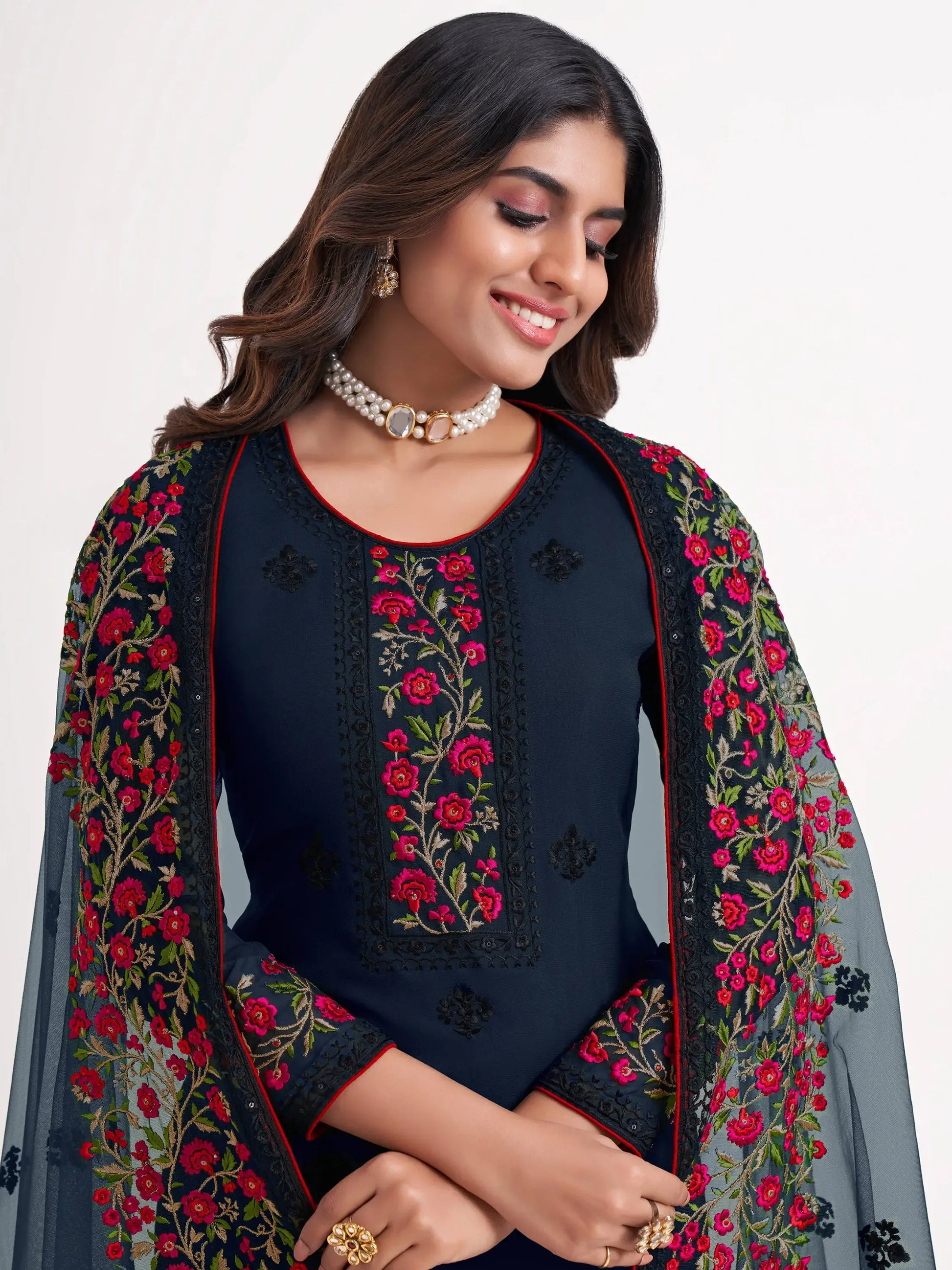 Majestic Navy Blue Thread Embroidered Georgette Salwar Suit - Zeel Clothing