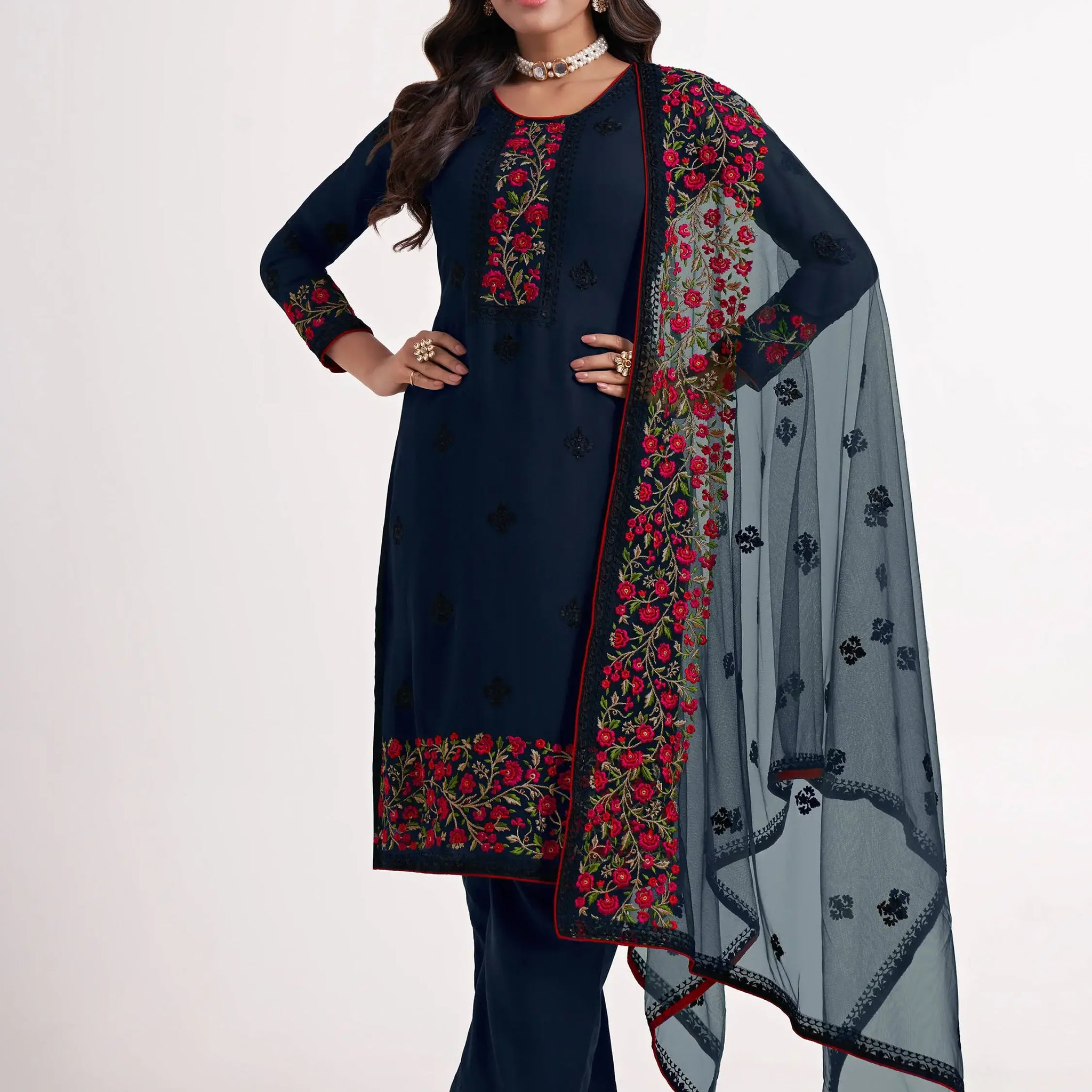 Majestic Navy Blue Thread Embroidered Georgette Salwar Suit - Zeel Clothing