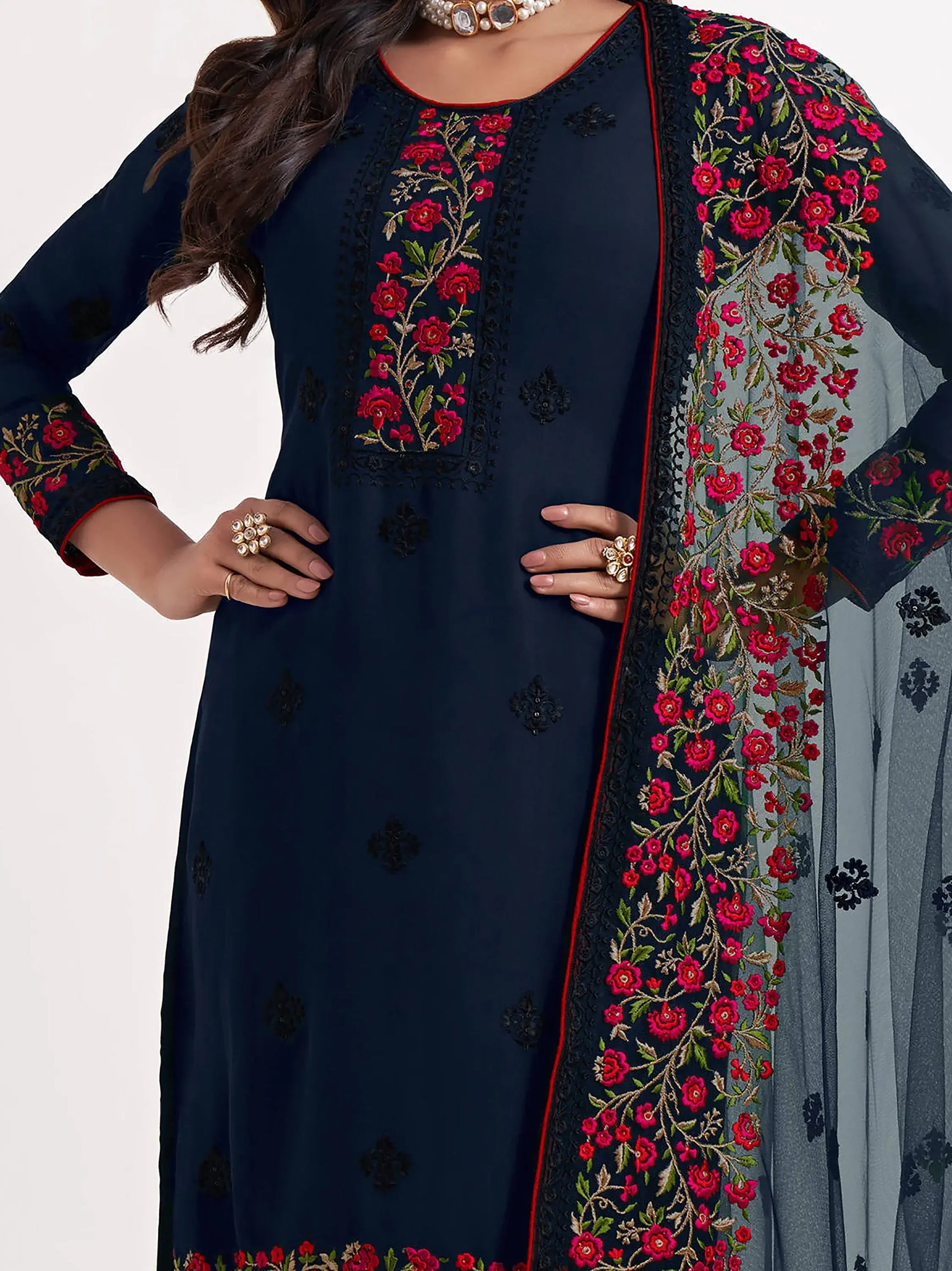 Majestic Navy Blue Thread Embroidered Georgette Salwar Suit - Zeel Clothing