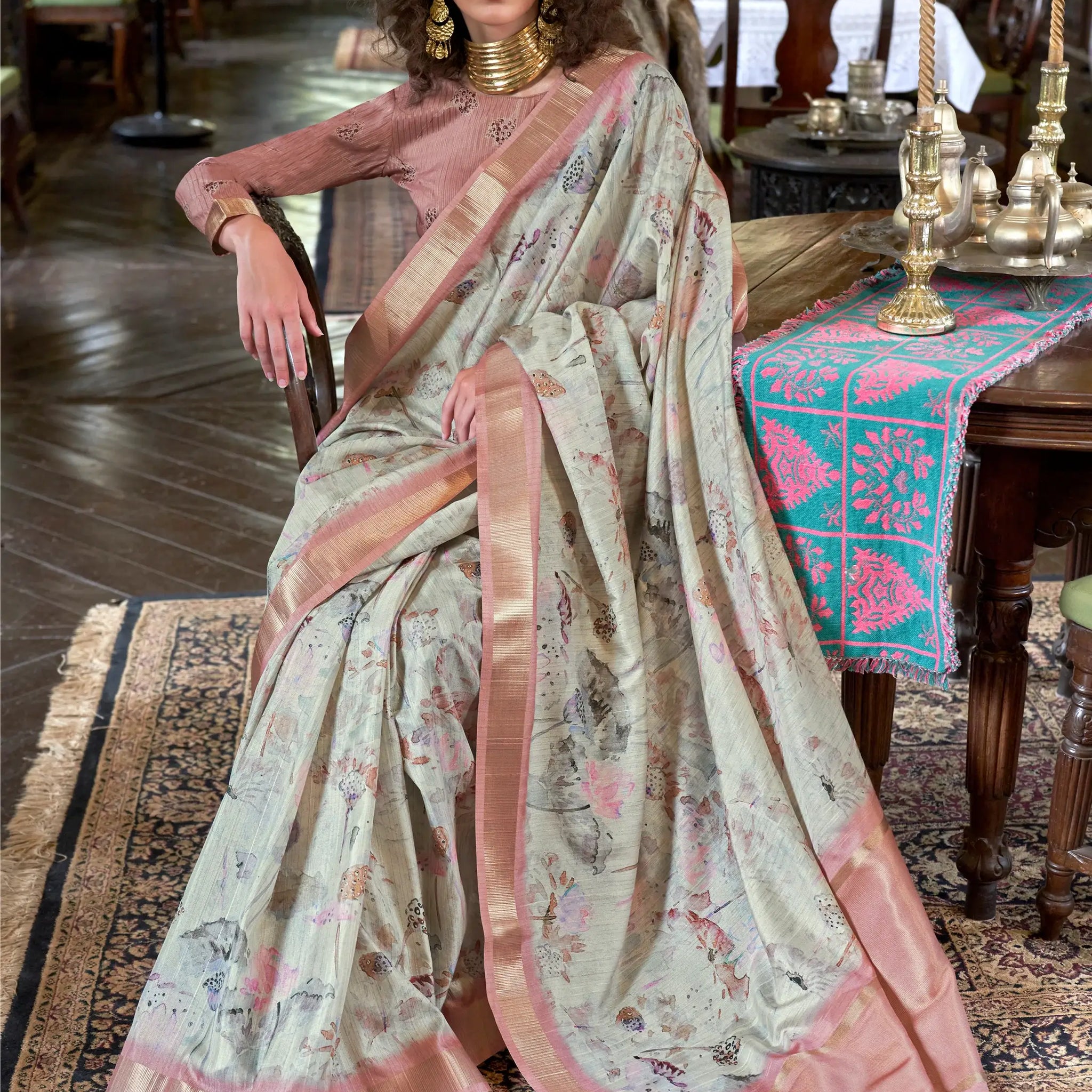 Majestic Peach & Off-White Printed Banarasi Silk Traditional Saree - Zeel Clothing