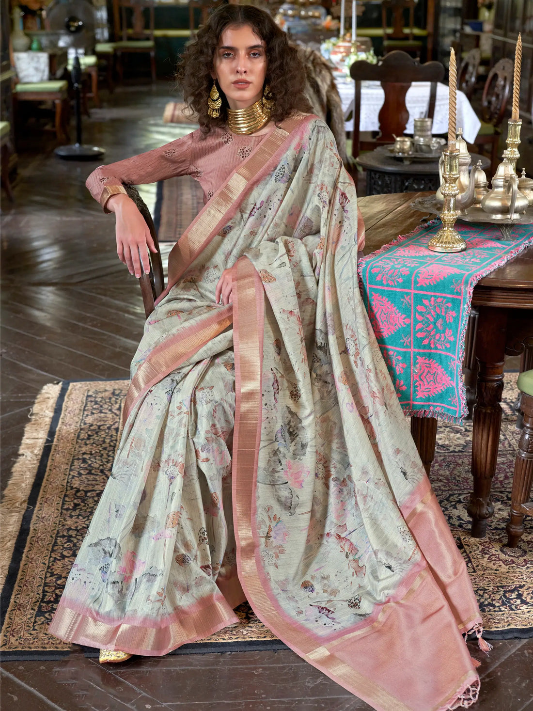 Majestic Peach & Off-White Printed Banarasi Silk Traditional Saree - Zeel Clothing