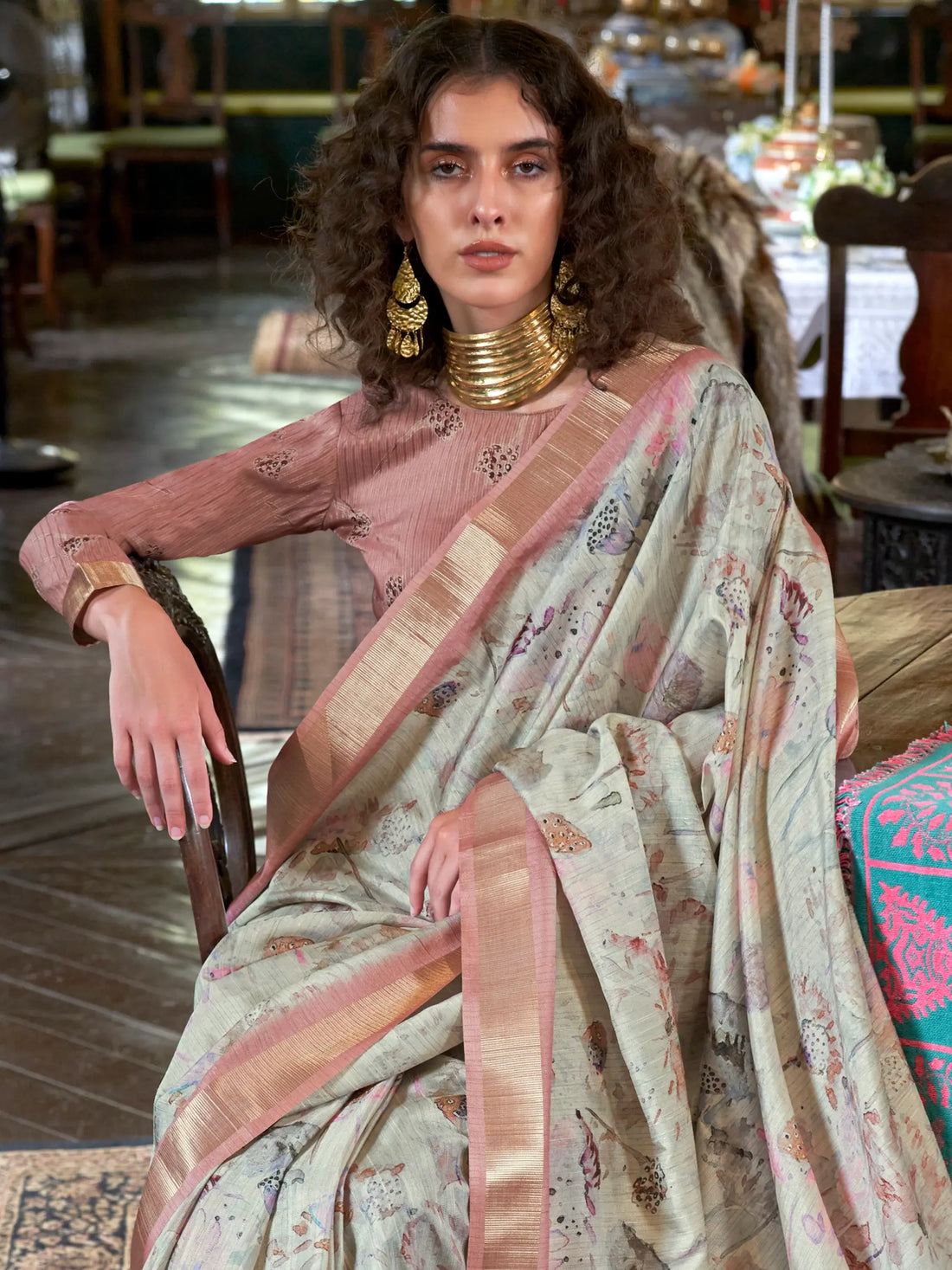 Majestic Peach & Off-White Printed Banarasi Silk Traditional Saree - Zeel Clothing
