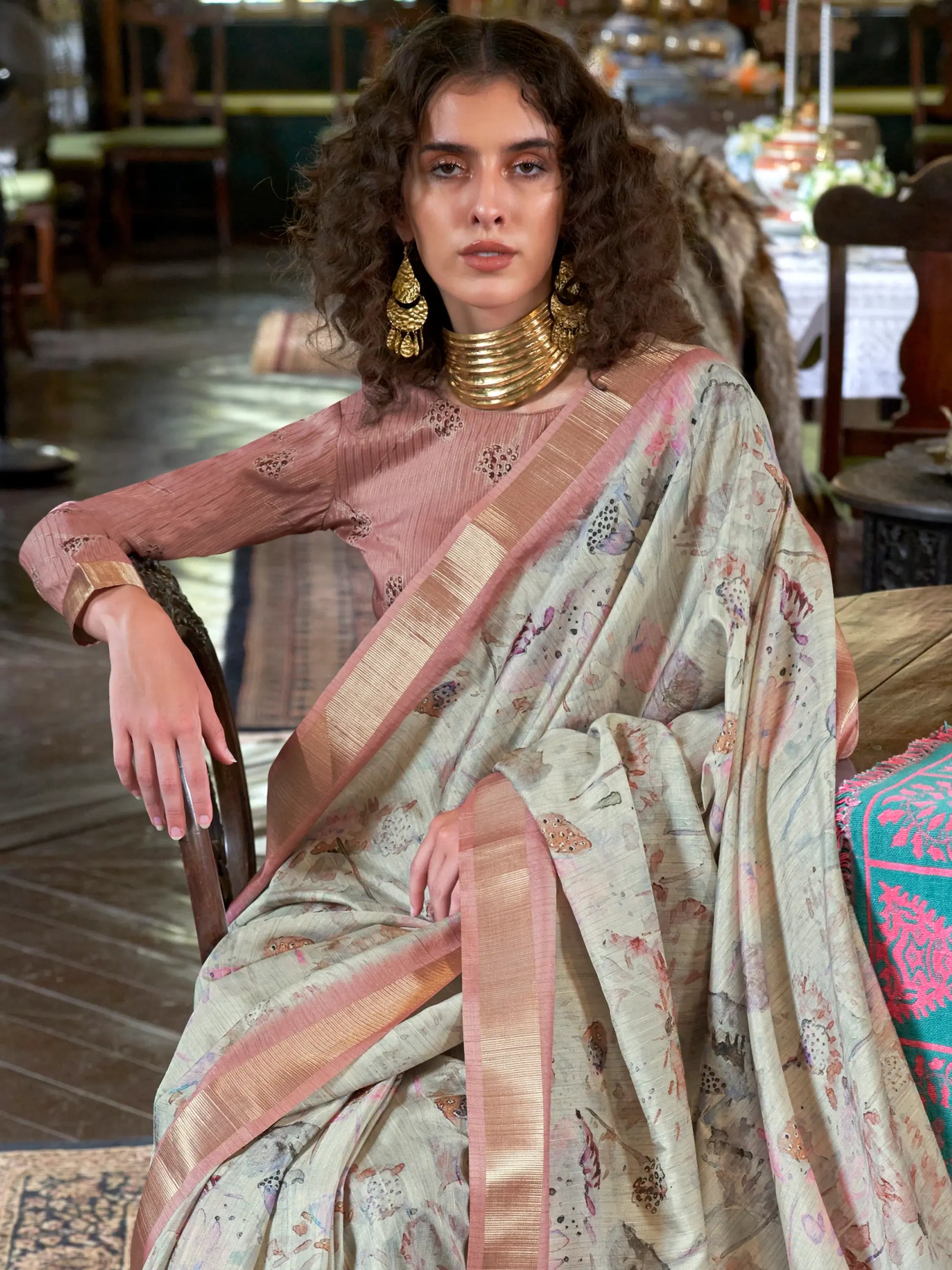 Majestic Peach & Off-White Printed Banarasi Silk Traditional Saree - Zeel Clothing