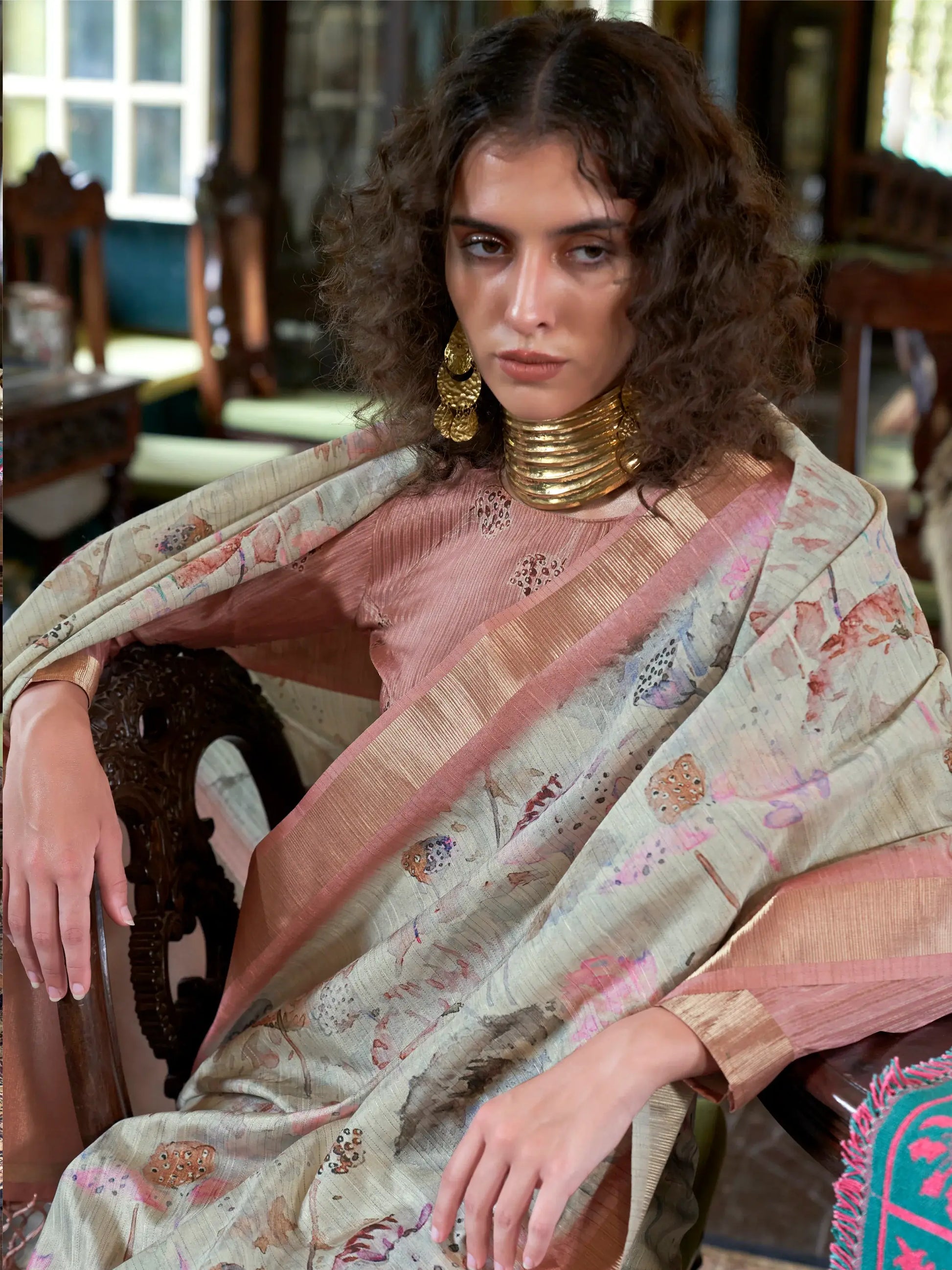 Majestic Peach & Off-White Printed Banarasi Silk Traditional Saree - Zeel Clothing