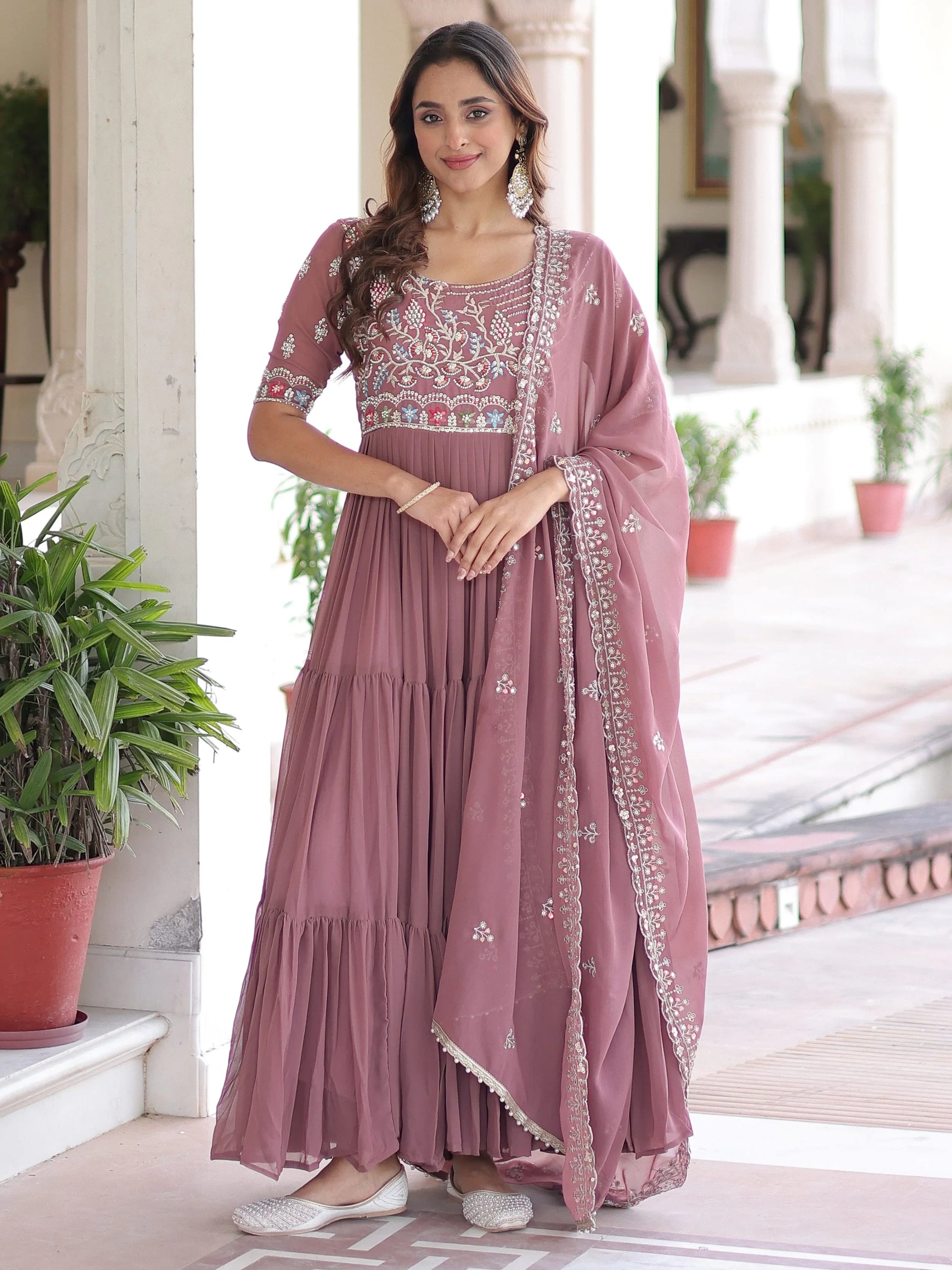 Majestic Peach Bead Embroidered Georgette Event Wear Gown With Dupatta