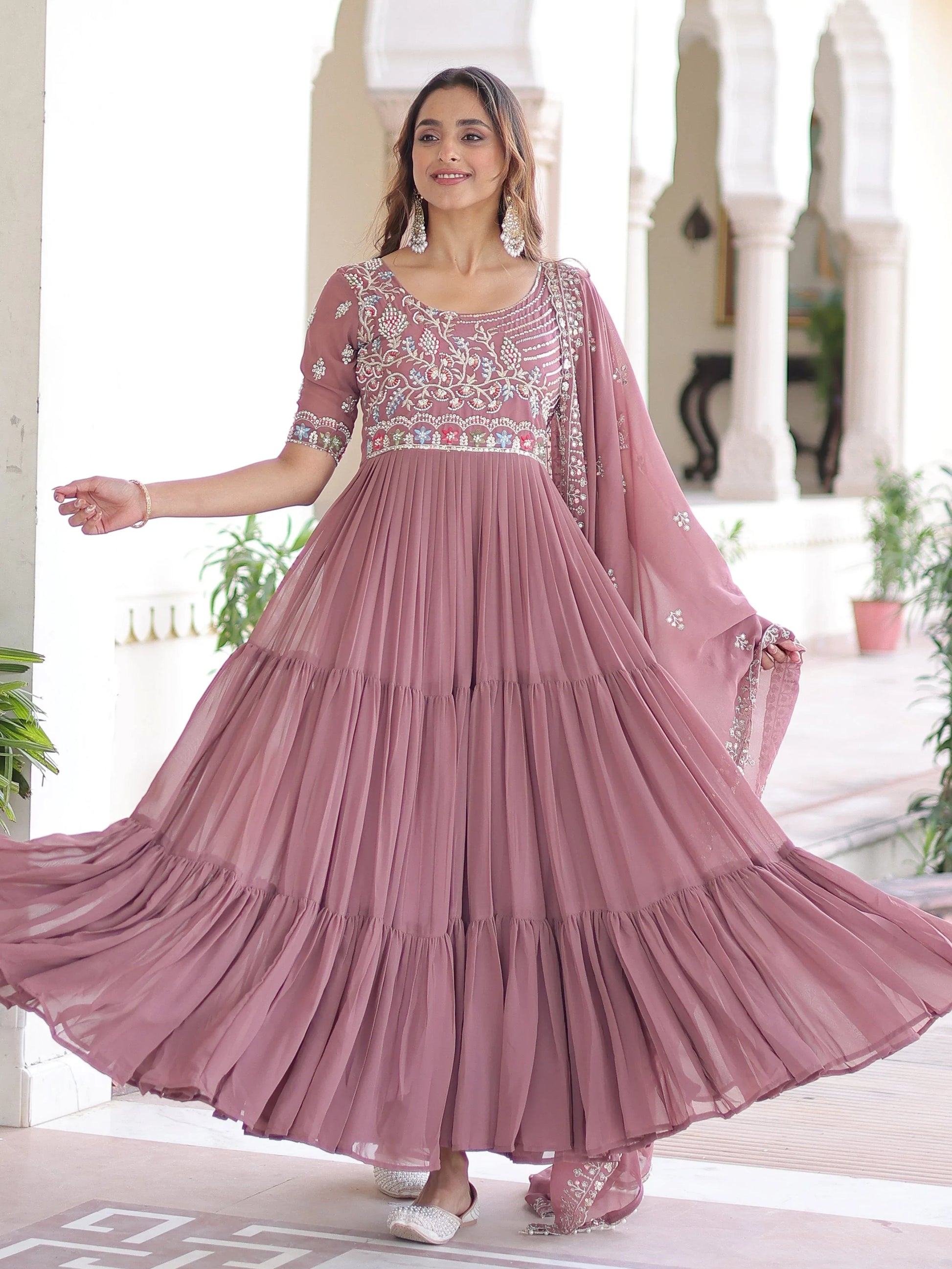Majestic Peach Bead Embroidered Georgette Event Wear Gown With Dupatta
