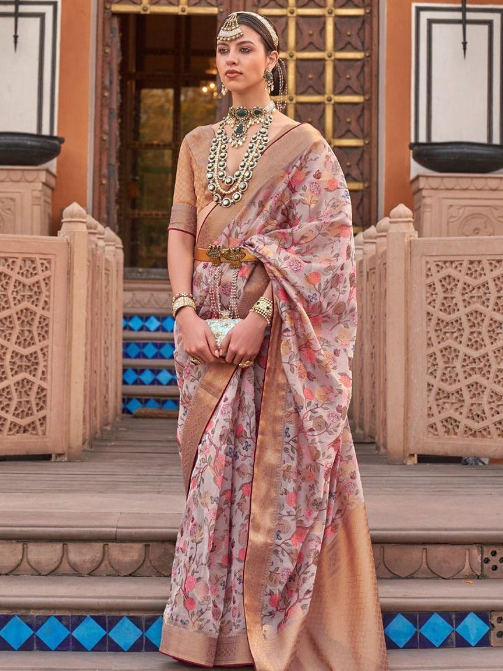 Majestic Pink Floral Printed Organza Saree With Blouse
