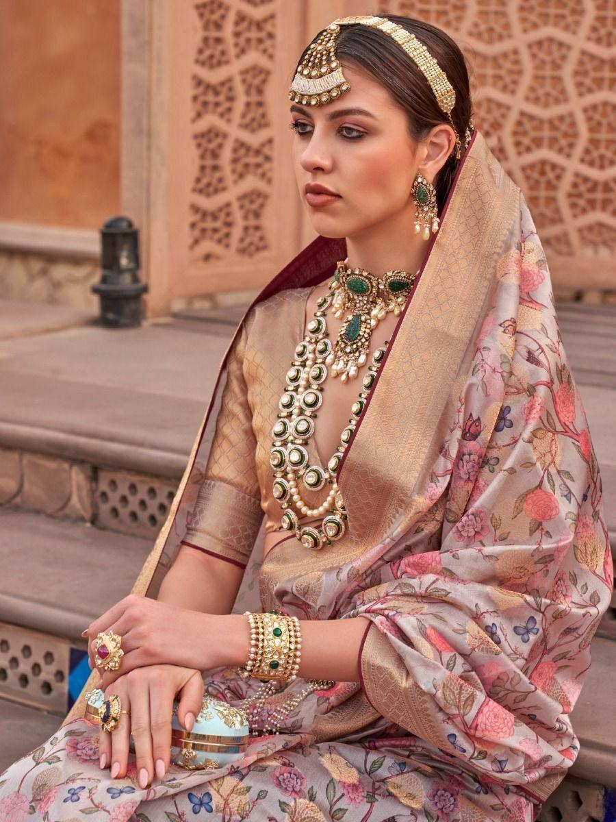Majestic Pink Floral Printed Organza Saree With Blouse - Zeel Clothing