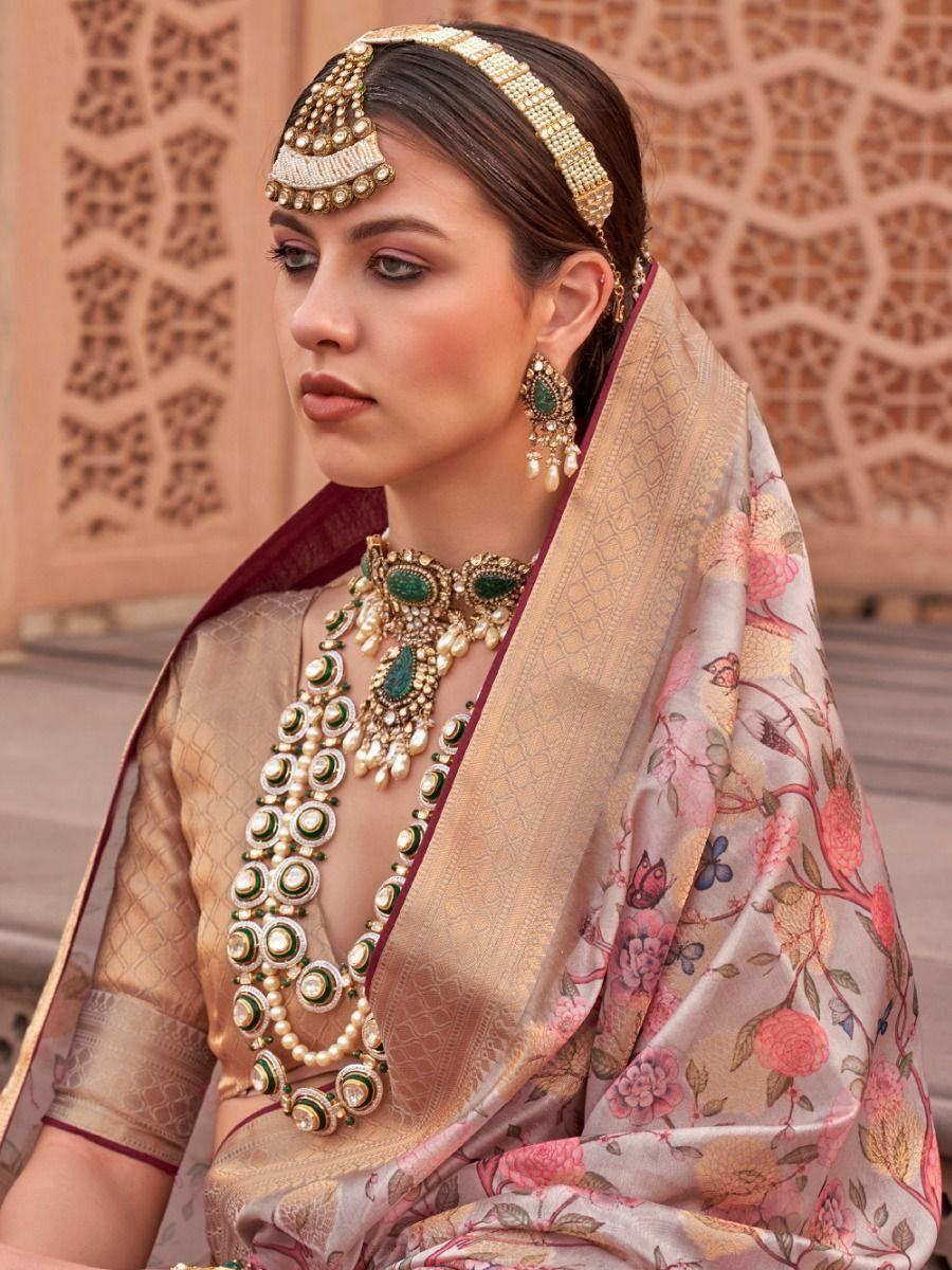 Majestic Pink Floral Printed Organza Saree With Blouse - Zeel Clothing