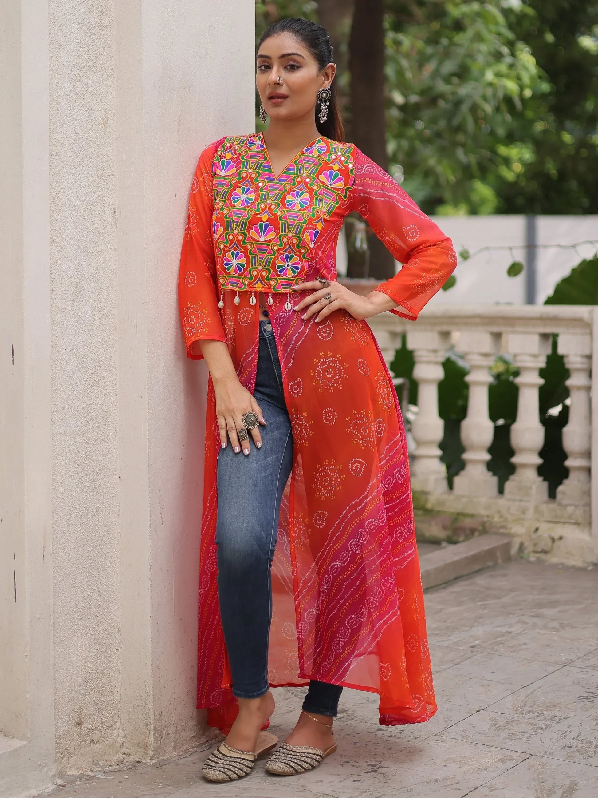 Majestic Pink Kutchi Patch Work Georgette Traditional Front Slit Kurti - Zeel Clothing