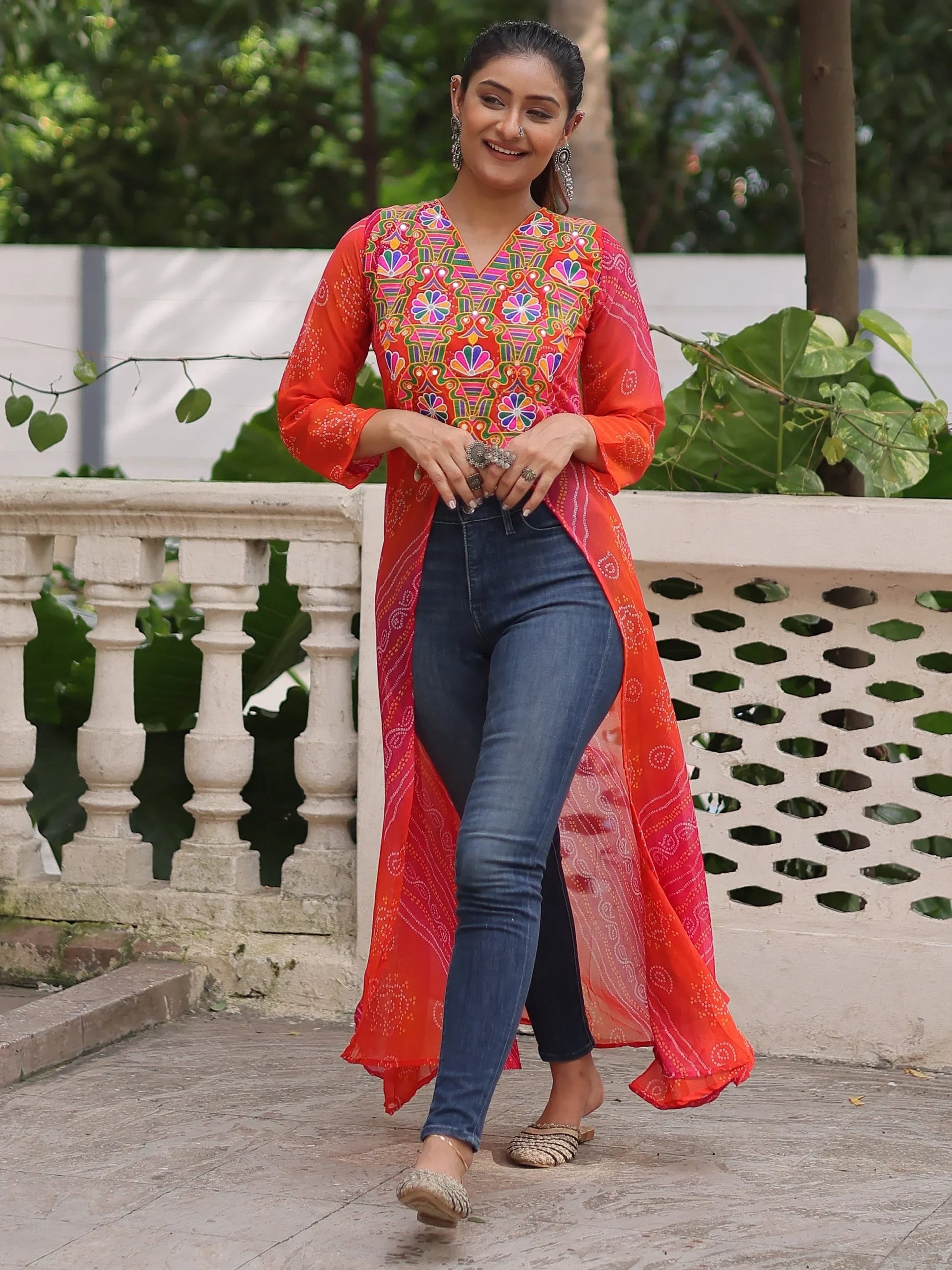 Majestic Pink Kutchi Patch Work Georgette Traditional Front Slit Kurti - Zeel Clothing