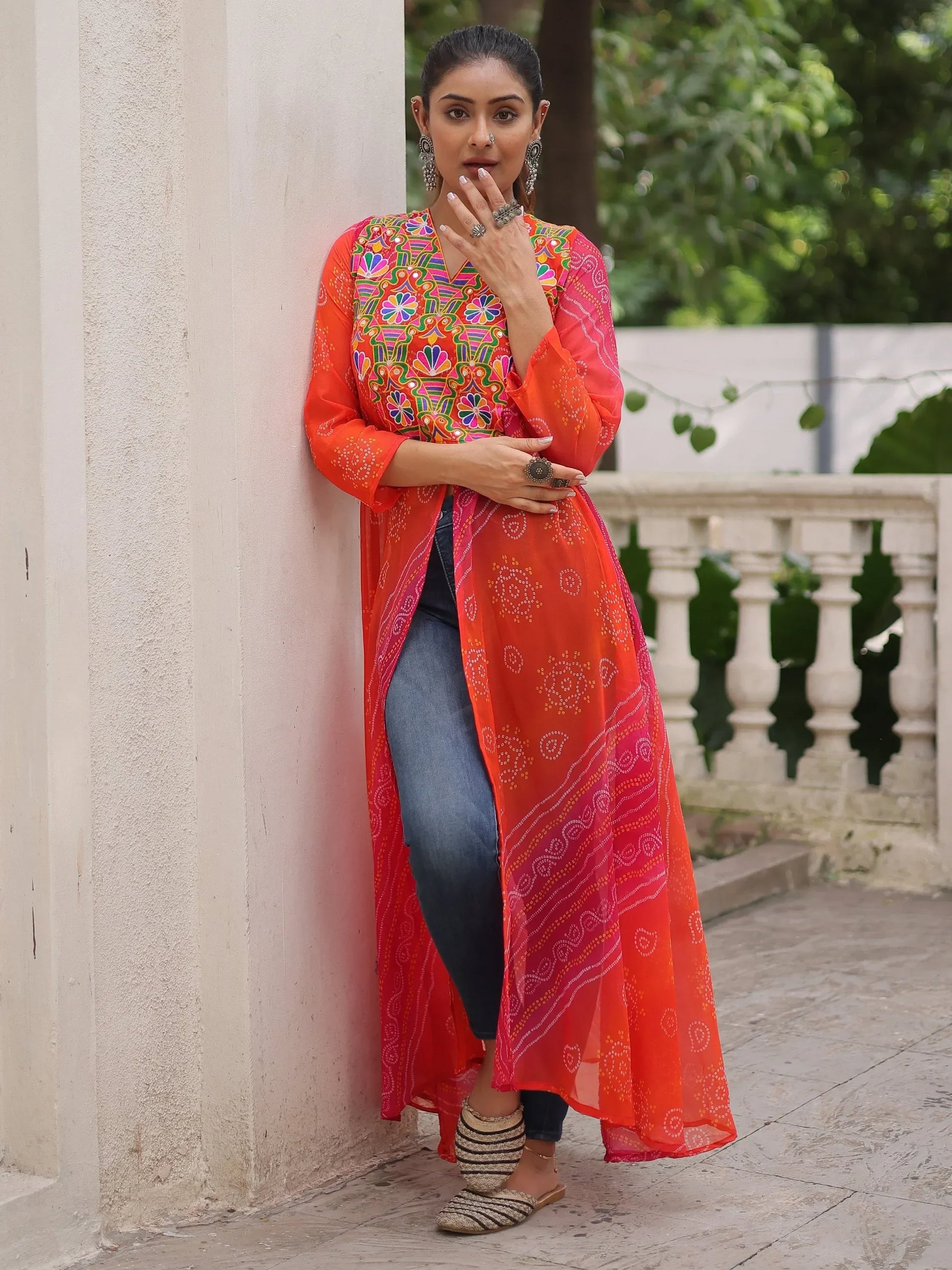 Majestic Pink Kutchi Patch Work Georgette Traditional Front Slit Kurti - Zeel Clothing