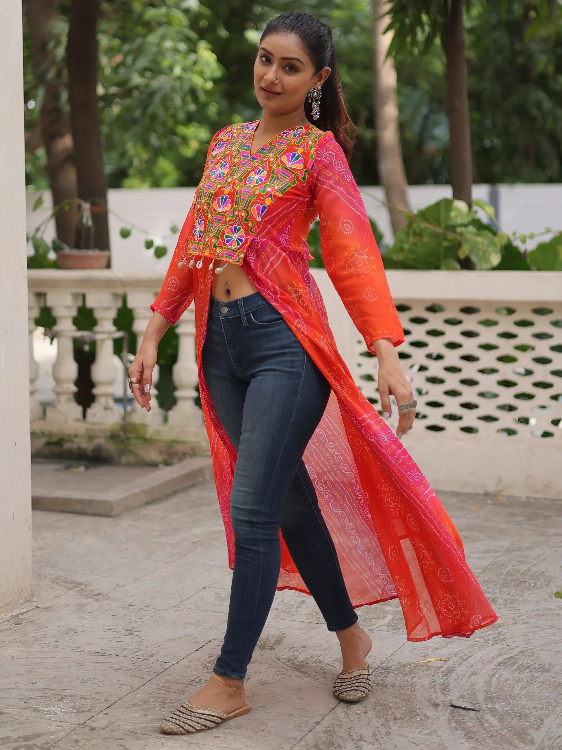 Majestic Pink Kutchi Patch Work Georgette Traditional Front Slit Kurti - Zeel Clothing