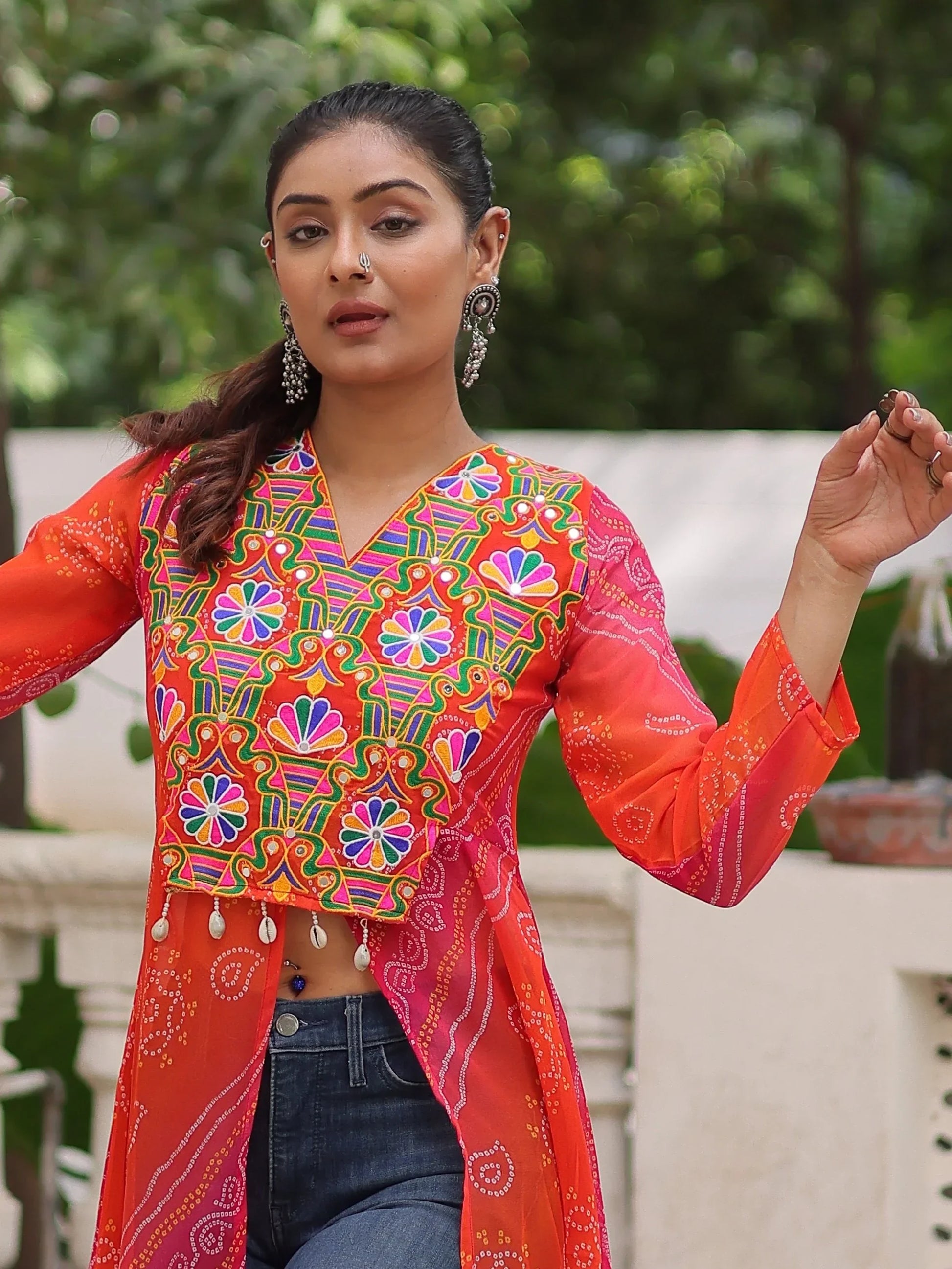 Majestic Pink Kutchi Patch Work Georgette Traditional Front Slit Kurti - Zeel Clothing