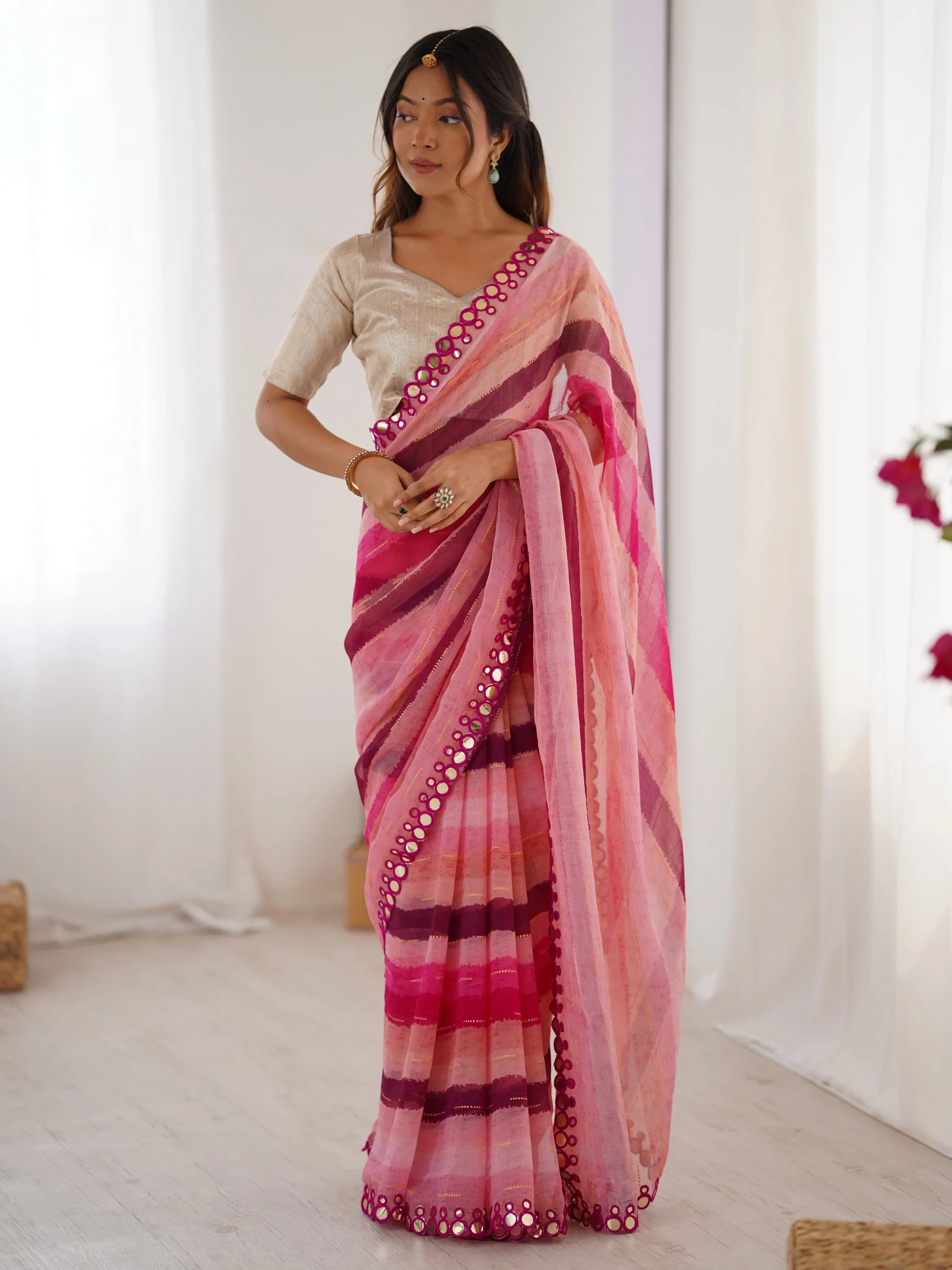 Majestic Pink Leheriya Printed Chiffon Party Wear Saree With Blouse - Zeel Clothing