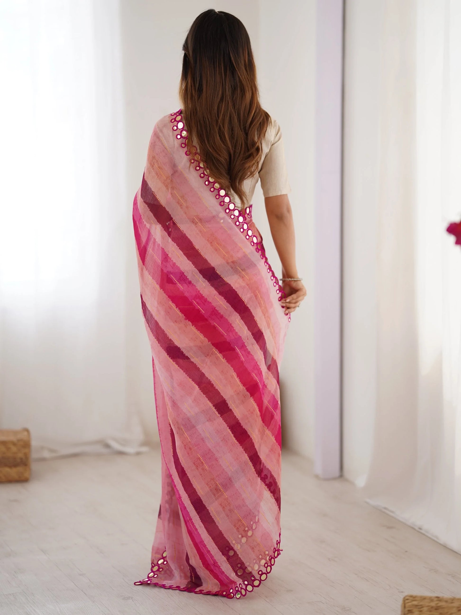 Majestic Pink Leheriya Printed Chiffon Party Wear Saree With Blouse - Zeel Clothing