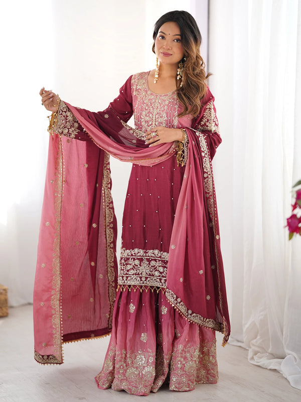 Majestic Pink Pearl Sequins Eid Wear Chinnon Sharara Suit - Zeel Clothing