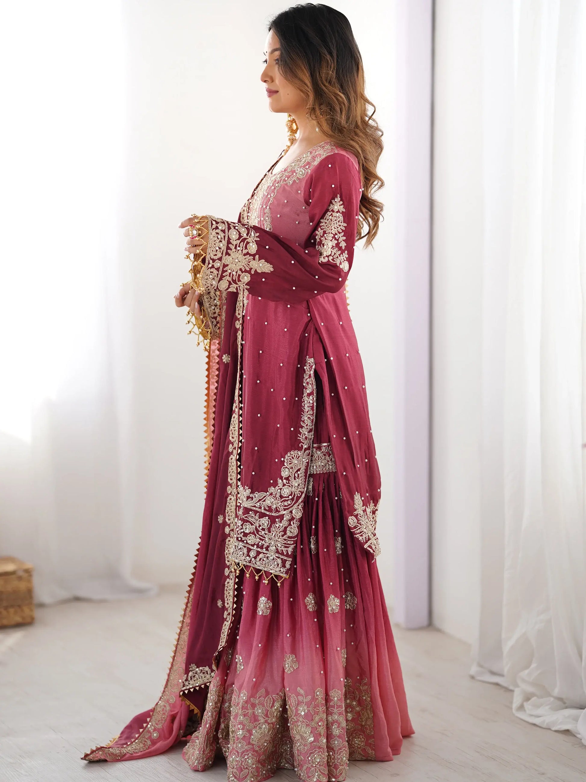 Majestic Pink Pearl Sequins Eid Wear Chinnon Sharara Suit - Zeel Clothing