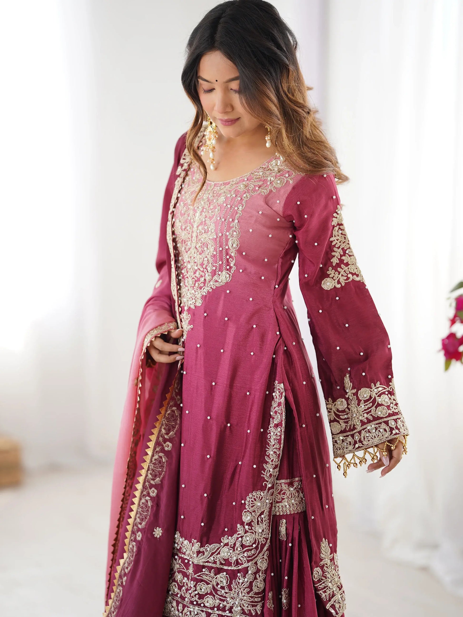 Majestic Pink Pearl Sequins Eid Wear Chinnon Sharara Suit - Zeel Clothing