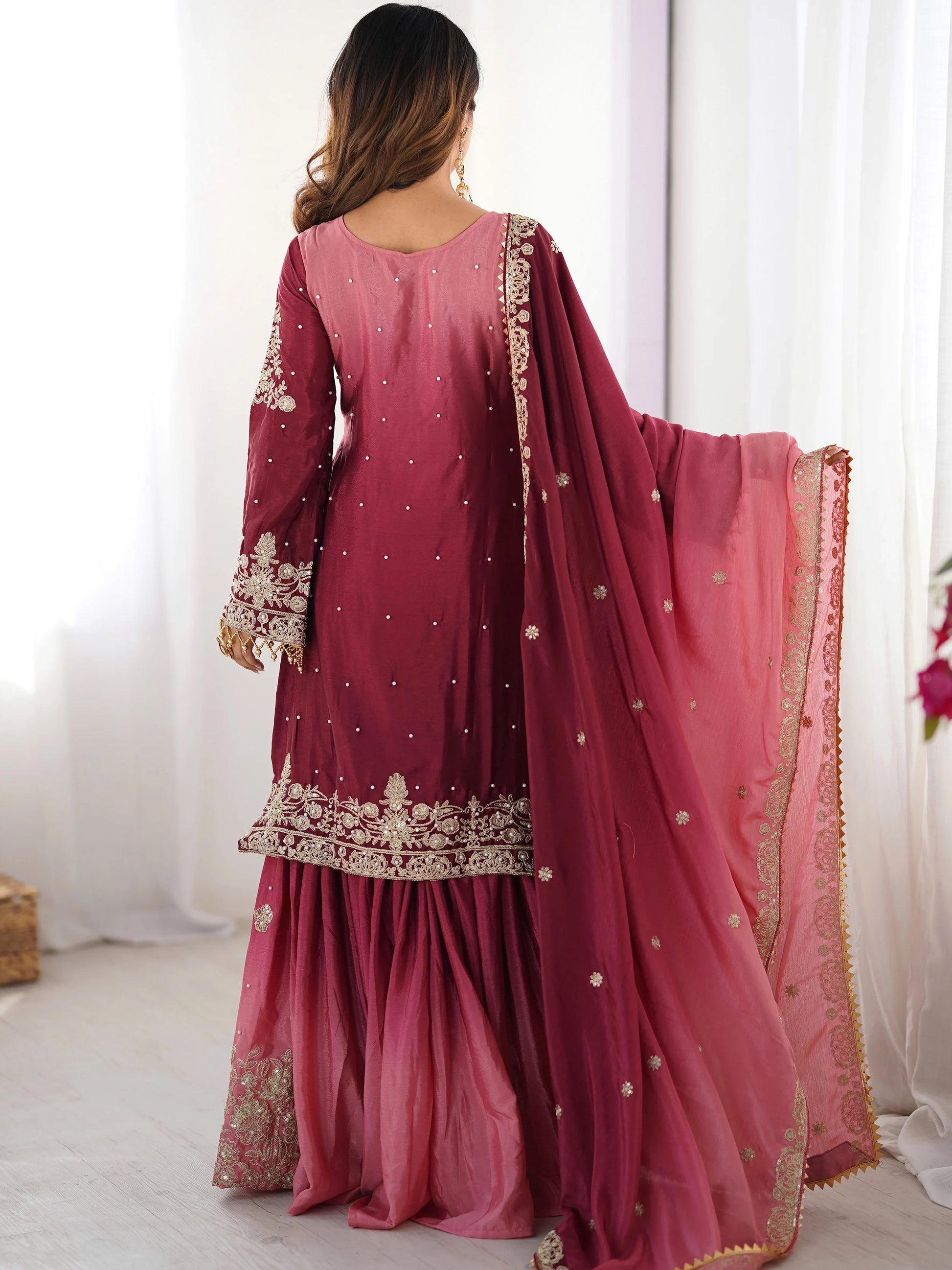 Majestic Pink Pearl Sequins Eid Wear Chinnon Sharara Suit - Zeel Clothing
