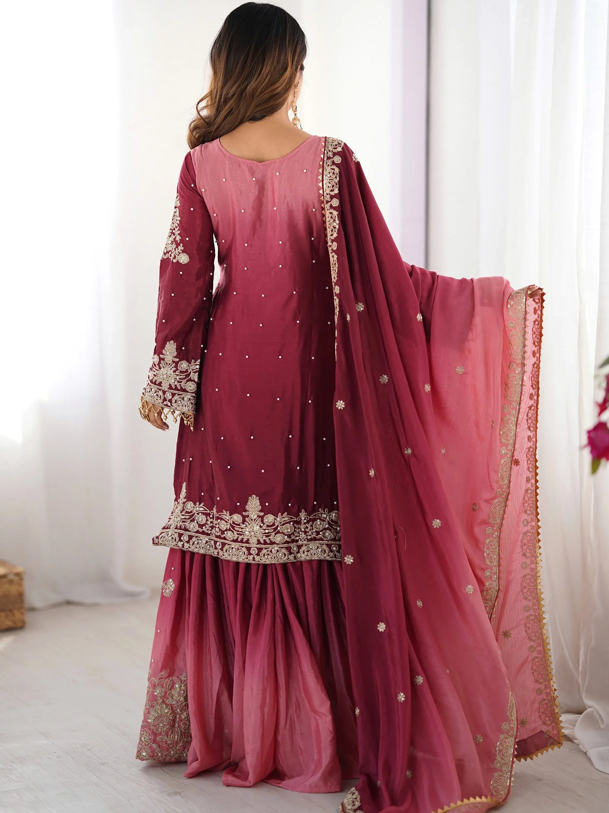 Majestic Pink Pearl Sequins Eid Wear Chinnon Sharara Suit - Zeel Clothing