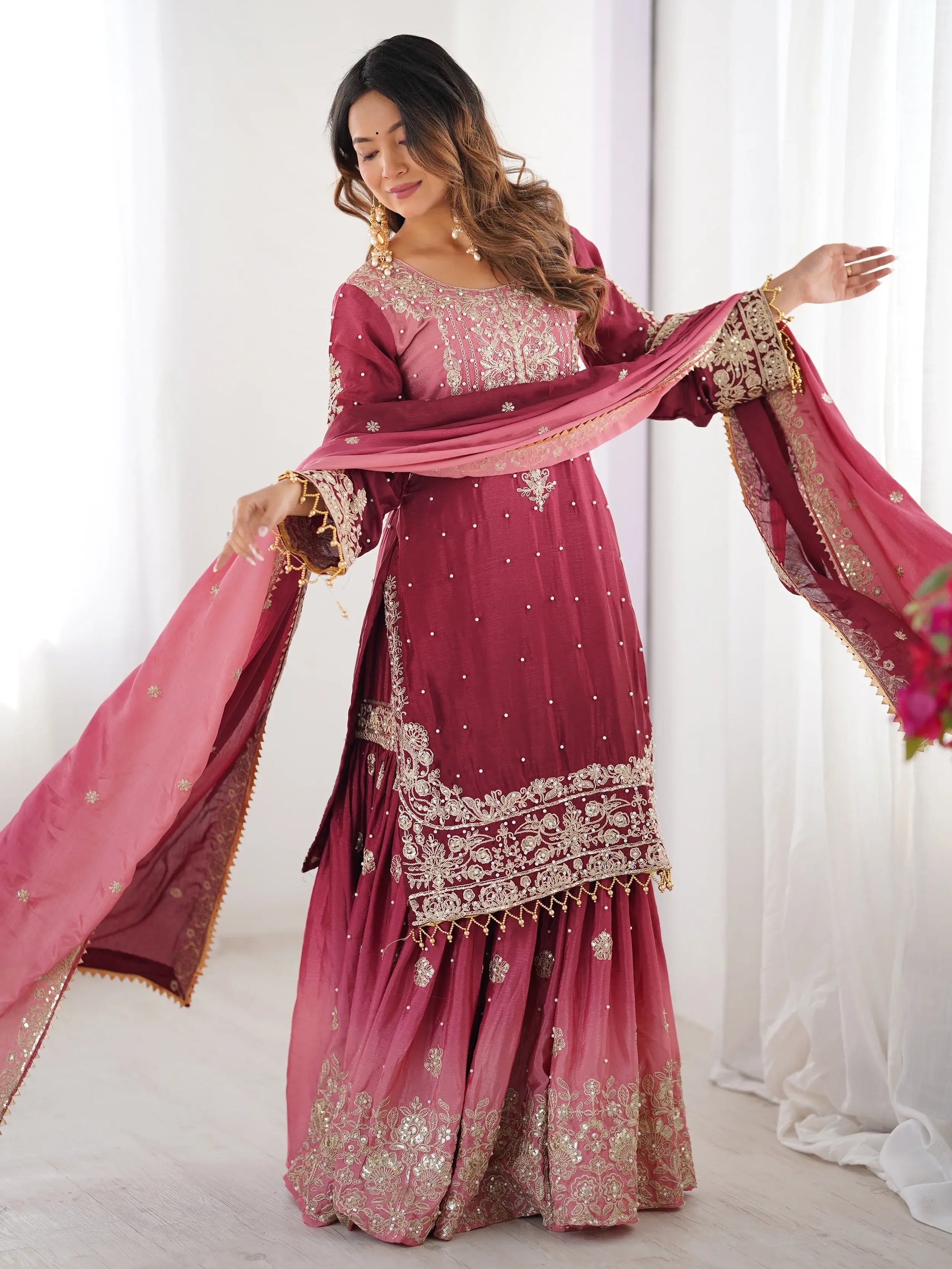 Majestic Pink Pearl Sequins Eid Wear Chinnon Sharara Suit - Zeel Clothing
