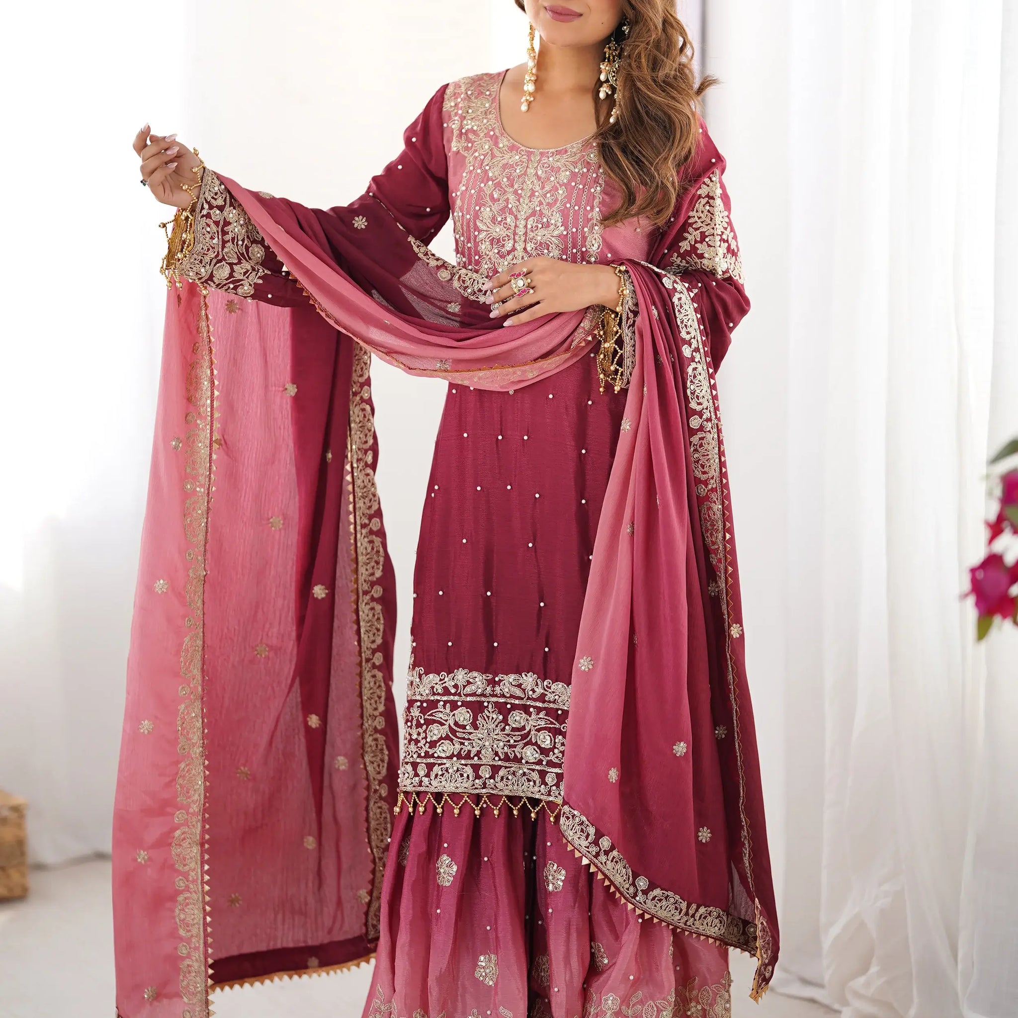 Majestic Pink Pearl Sequins Eid Wear Chinnon Sharara Suit - Zeel Clothing