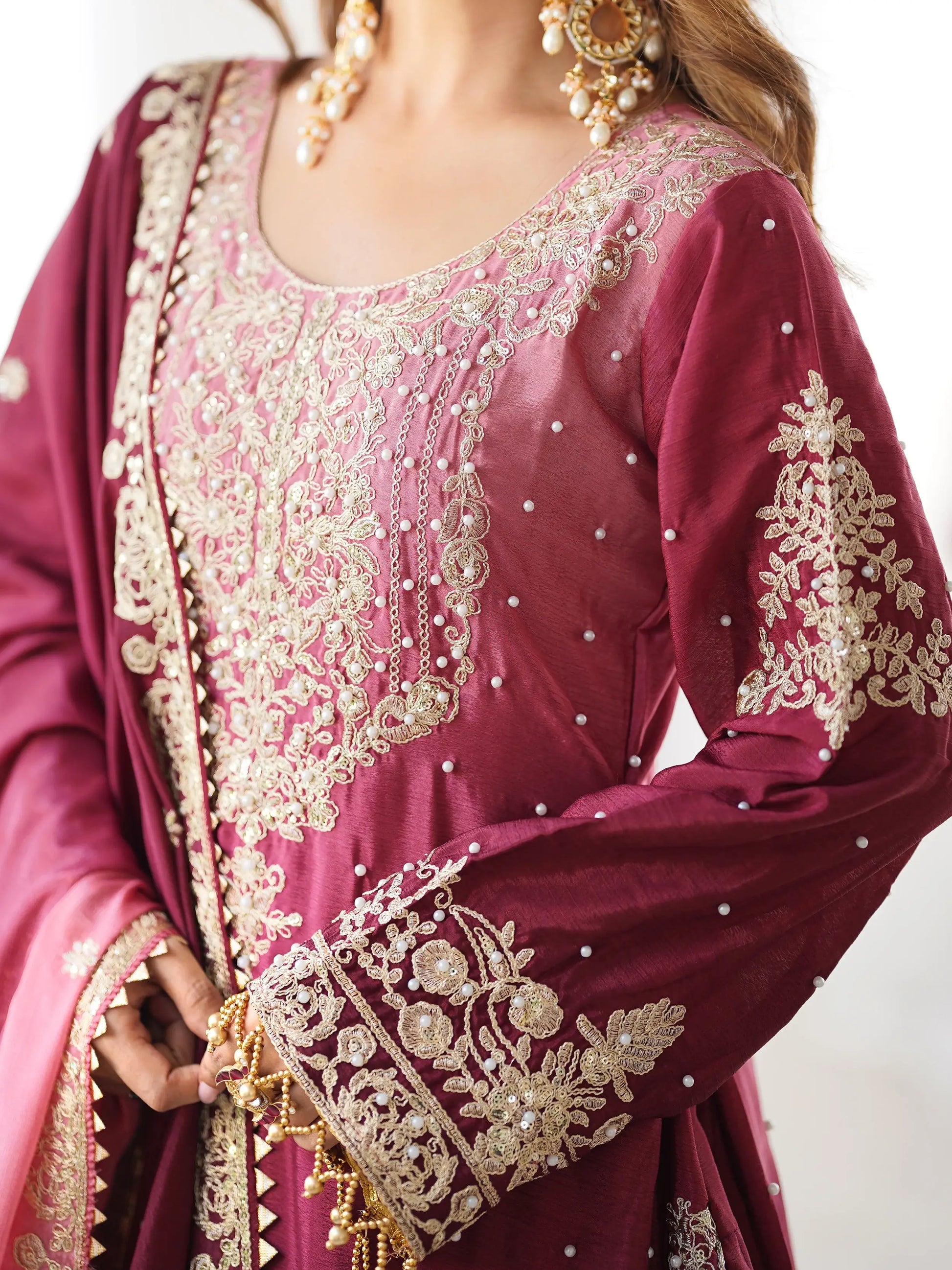 Majestic Pink Pearl Sequins Eid Wear Chinnon Sharara Suit - Zeel Clothing