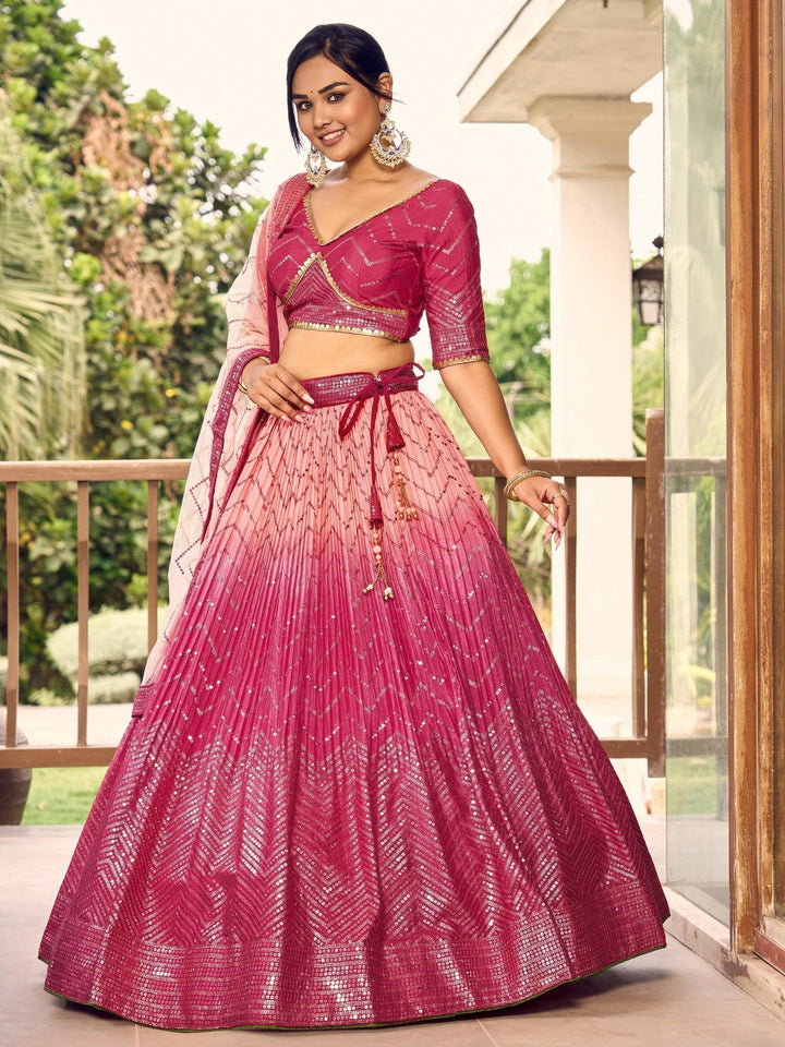 Majestic Pink Sequins Chinon Wedding Wear Lehenga Choli With Dupatta