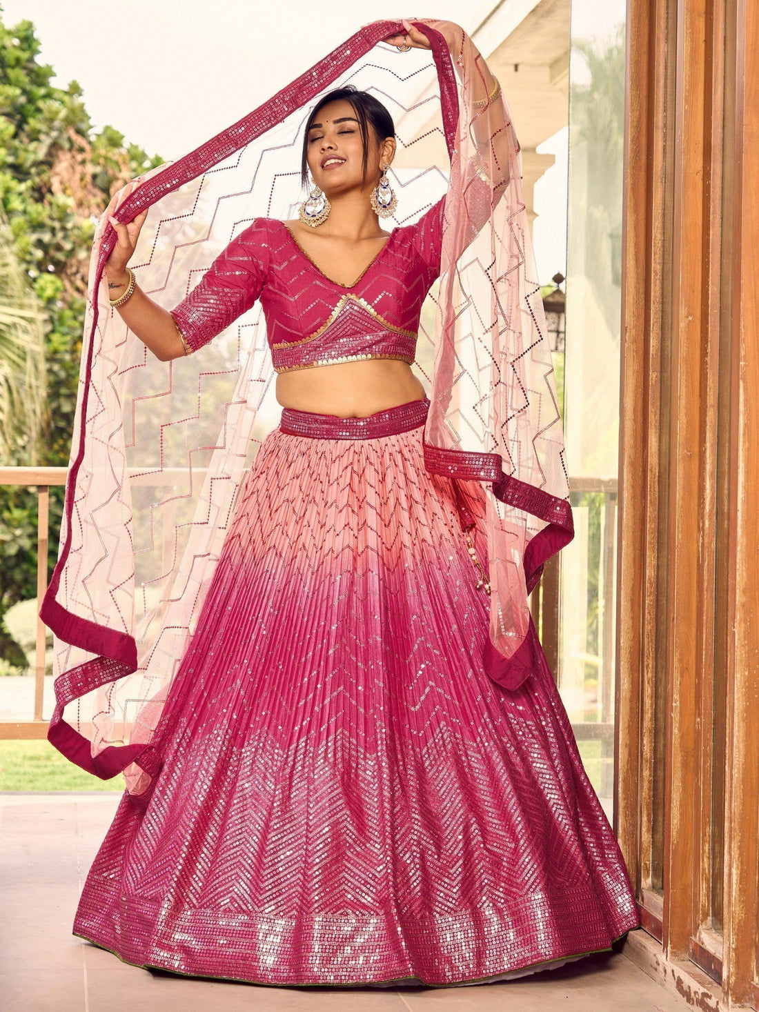 Majestic Pink Sequins Chinon Wedding Wear Lehenga Choli With Dupatta