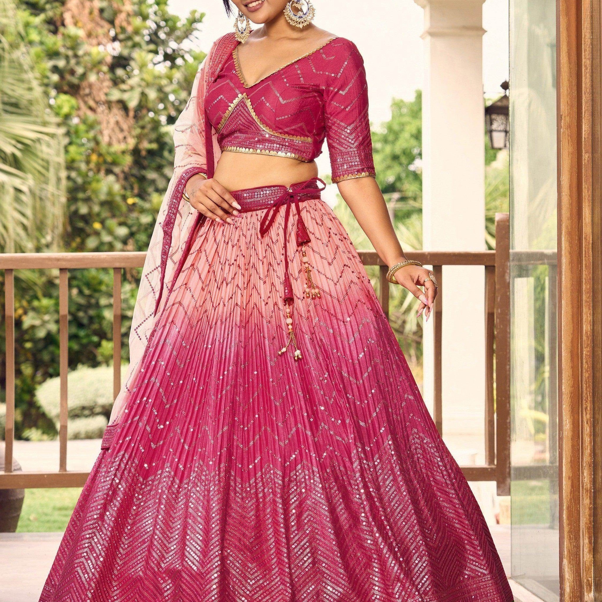 Majestic Pink Sequins Chinon Wedding Wear Lehenga Choli With Dupatta - Zeel Clothing