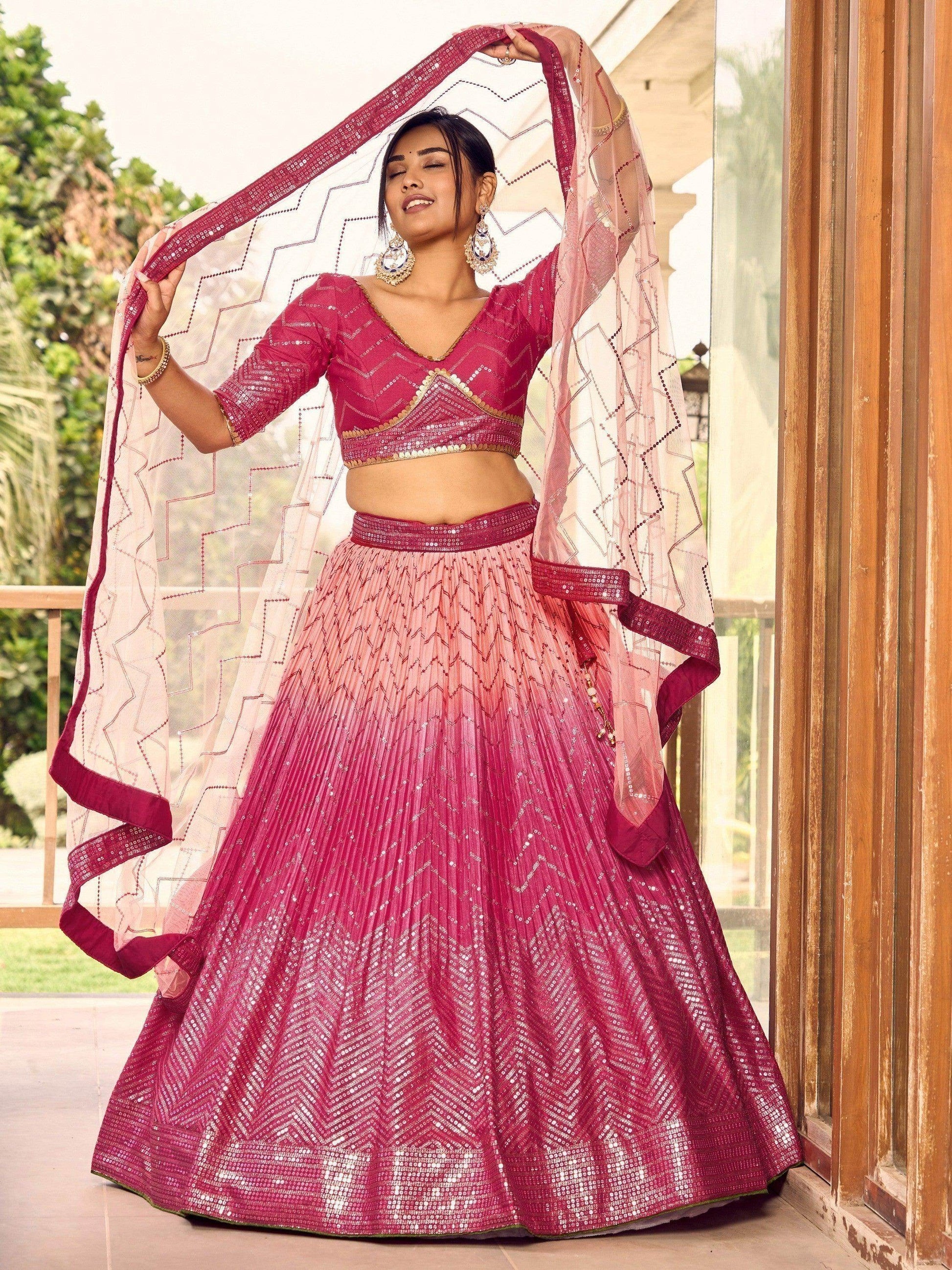 Majestic Pink Sequins Chinon Wedding Wear Lehenga Choli With Dupatta - Zeel Clothing
