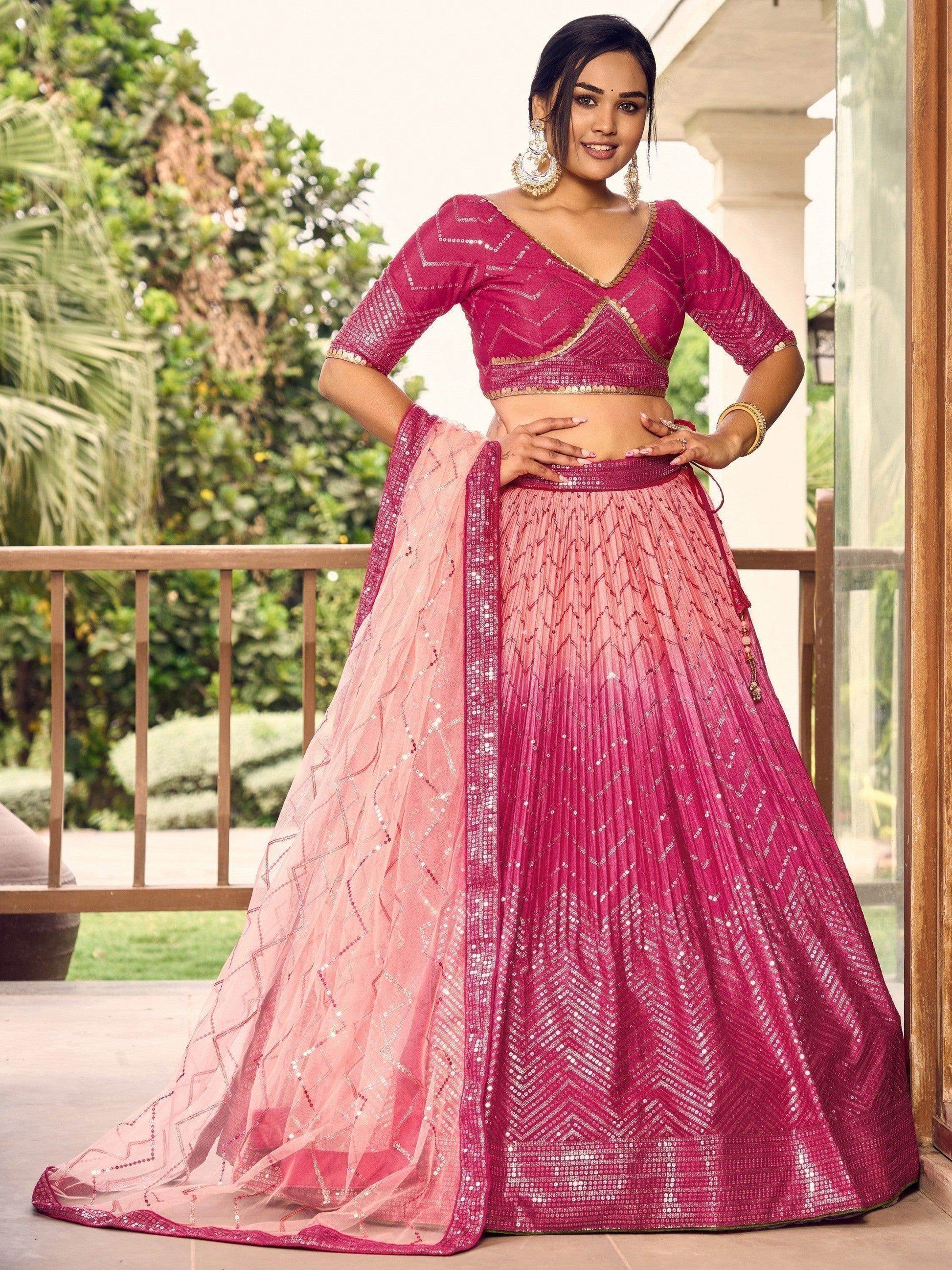 Majestic Pink Sequins Chinon Wedding Wear Lehenga Choli With Dupatta - Zeel Clothing