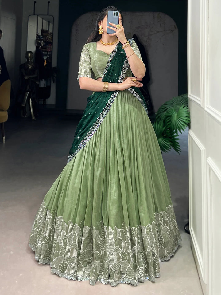 Majestic Pista Green Organza Sangeet Wear Lehenga Choli With Dupatta - Zeel Clothing