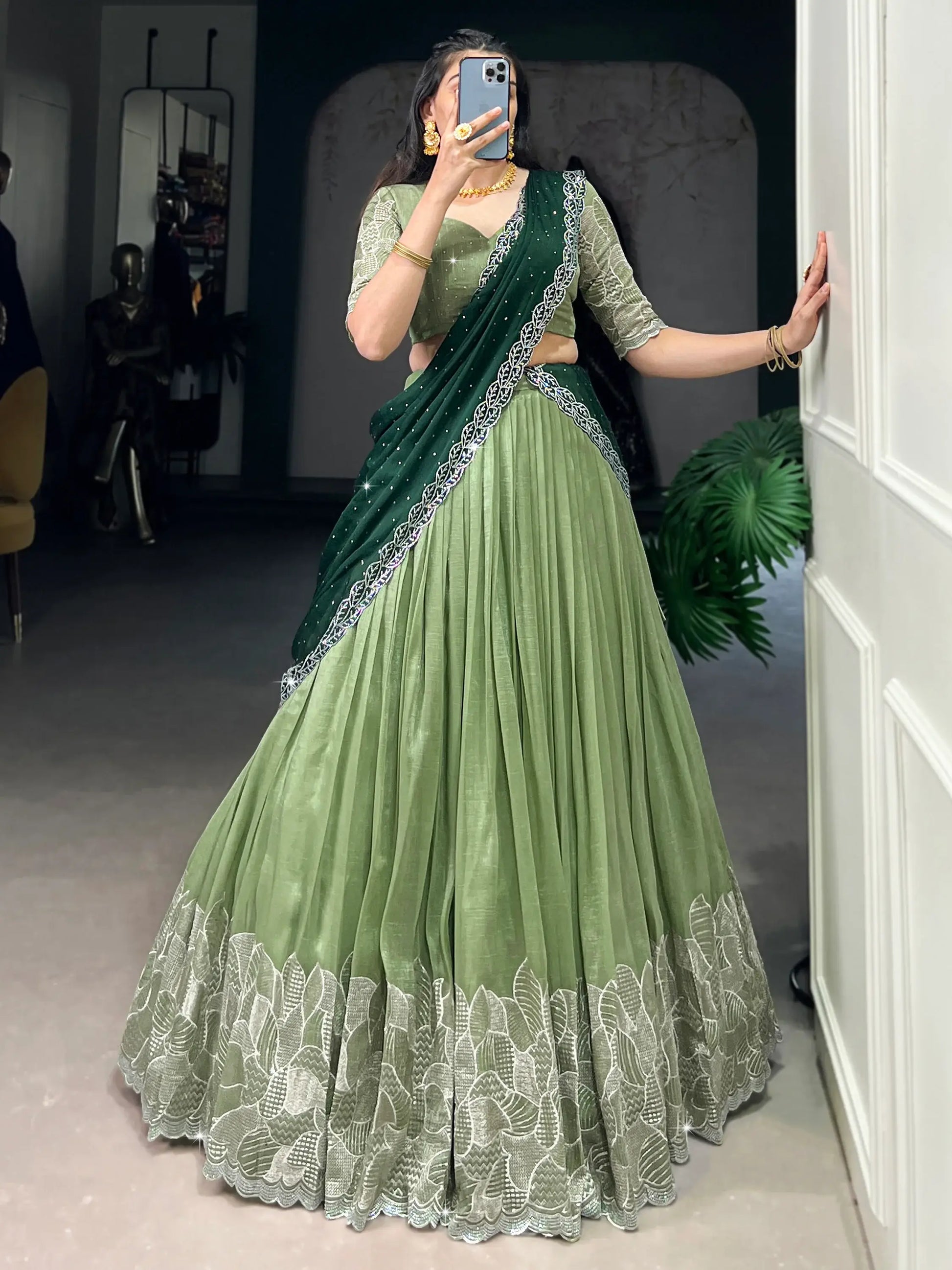 Majestic Pista Green Organza Sangeet Wear Lehenga Choli With Dupatta - Zeel Clothing