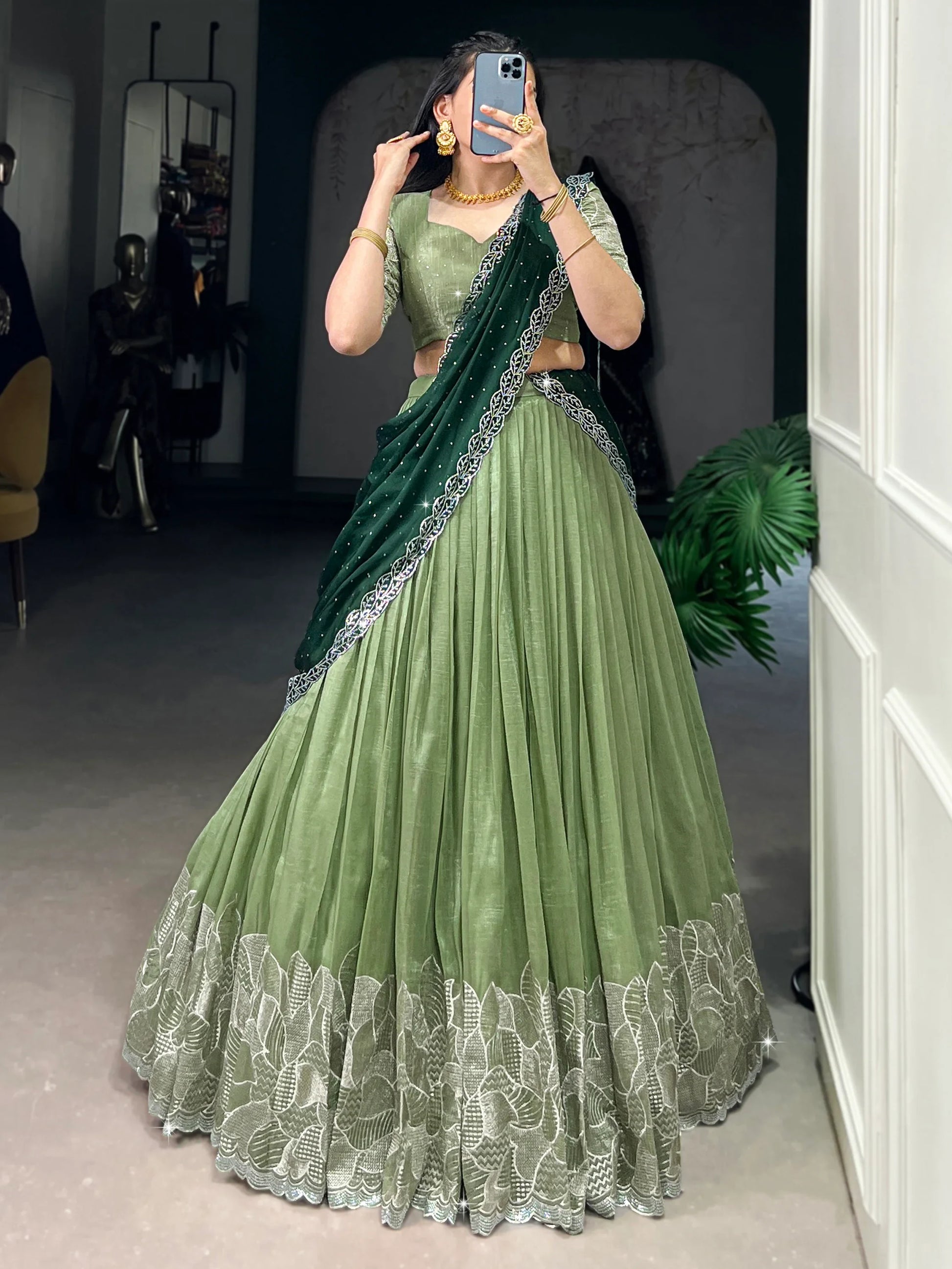 Majestic Pista Green Organza Sangeet Wear Lehenga Choli With Dupatta - Zeel Clothing