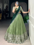 Majestic Pista Green Organza Sangeet Wear Lehenga Choli With Dupatta - Zeel Clothing