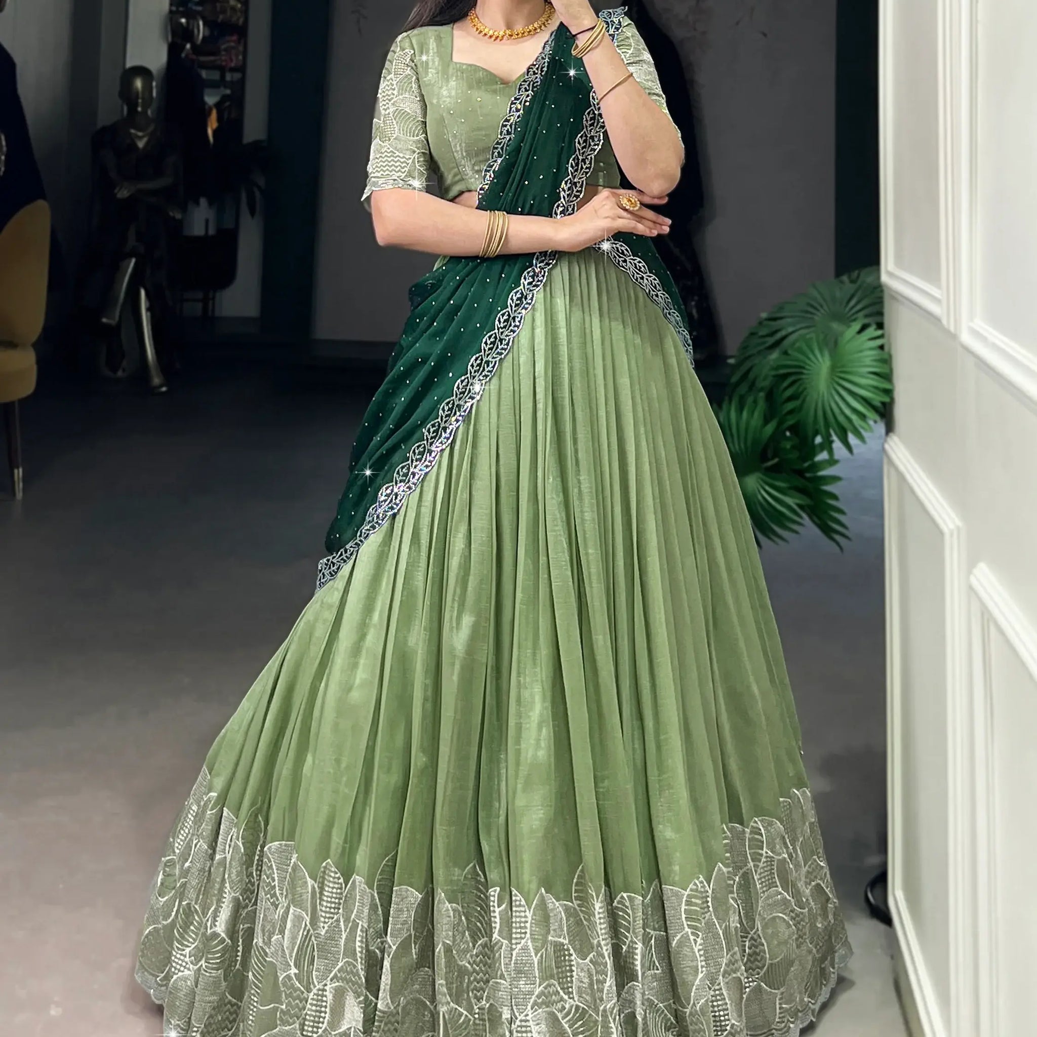 Majestic Pista Green Organza Sangeet Wear Lehenga Choli With Dupatta - Zeel Clothing