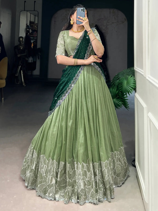 Majestic Pista Green Organza Sangeet Wear Lehenga Choli With Dupatta - Zeel Clothing
