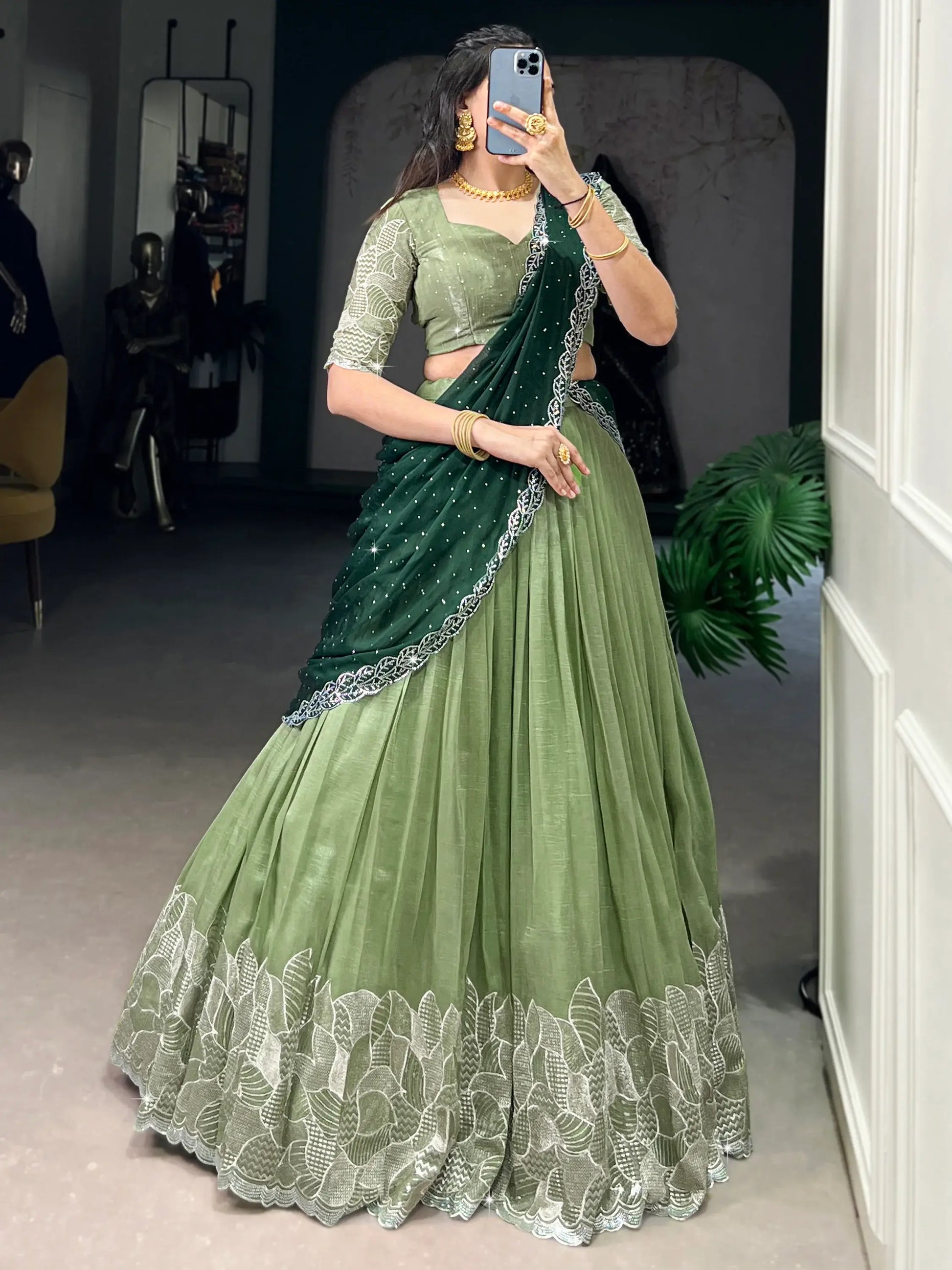 Majestic Pista Green Organza Sangeet Wear Lehenga Choli With Dupatta - Zeel Clothing