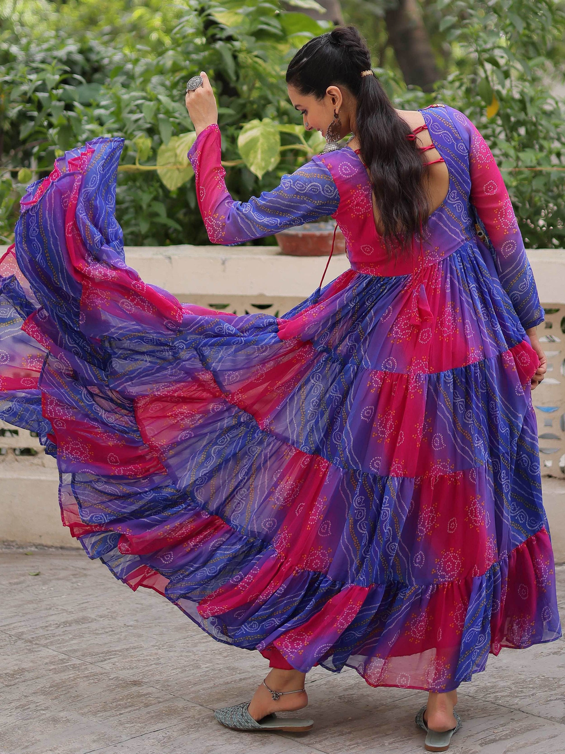 Majestic Purple Bandhej Print Georgette Festive Wear Gown - Zeel Clothing