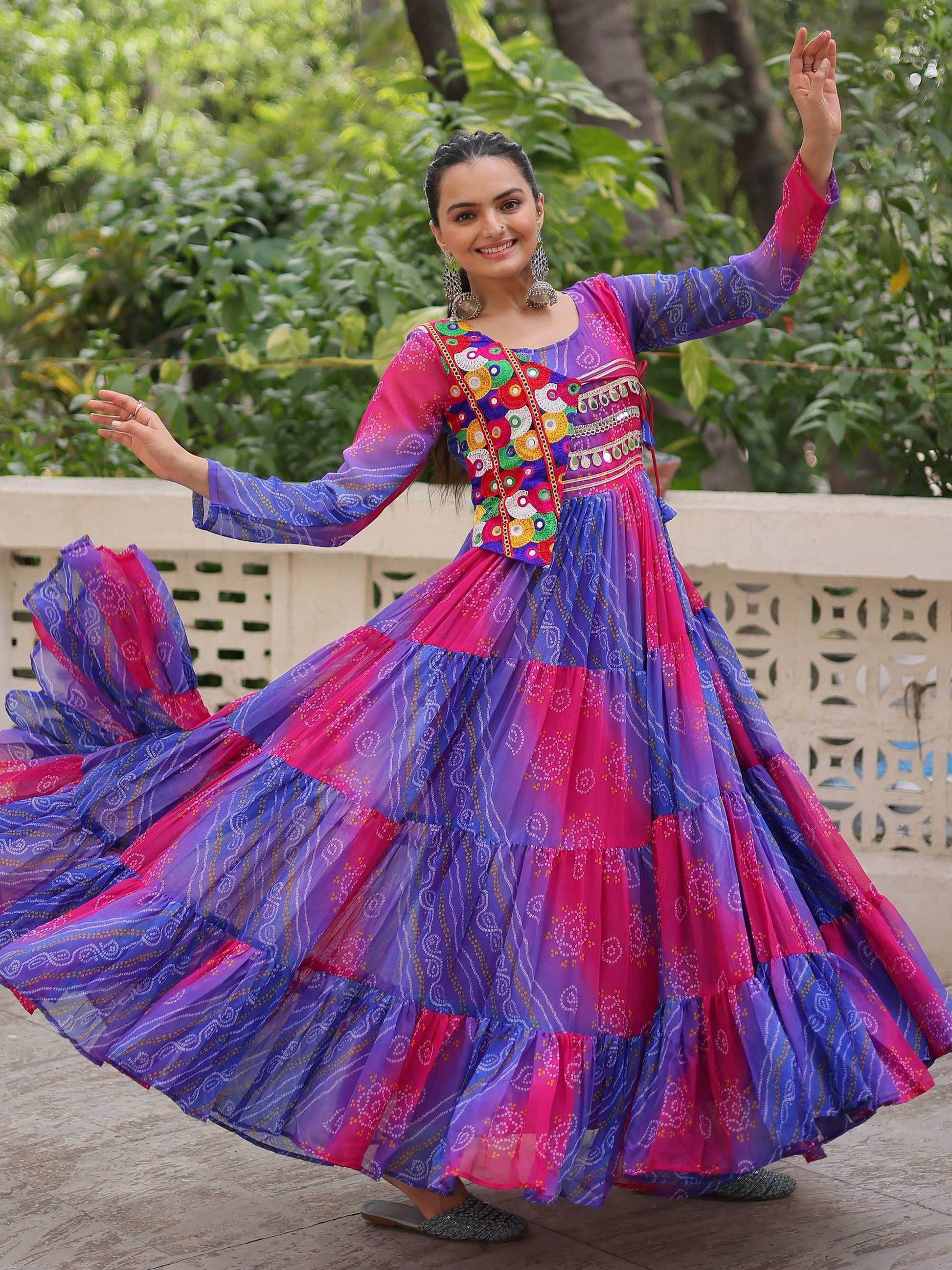 Majestic Purple Bandhej Print Georgette Festive Wear Gown - Zeel Clothing